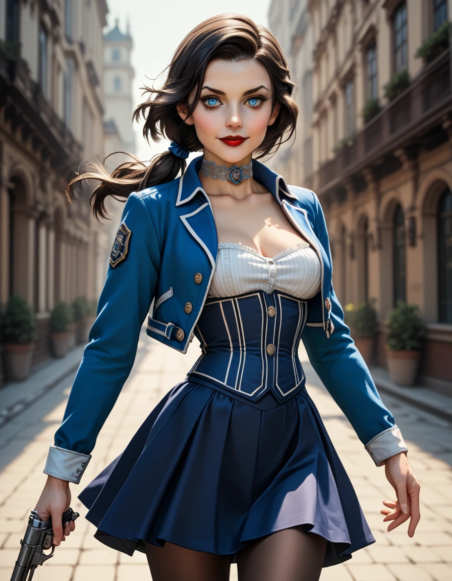 1woman, solo; Elizabeth Comstock from "Bioshock Infinite"; long loose hair gathered in a low ponytail, dark hair, pale skin, blue eyes, red lips, light smile, ultra-detailed face, detailed eyes; ribbed white corset with open top, (fitted blue bolero jacket:1.27), silver detailing on jacket, (cameo choker necklace), (long, blue a-line skirt with high slits:1.37), black detailing on skirt, (opaque pantyhose), {{calf-high black boots with low heels}}; wielding hand cannon revolver, contrapposto stance, ((modeling poses)), (cowboy shot:1.37); 8k, 16k, high resolution, highres