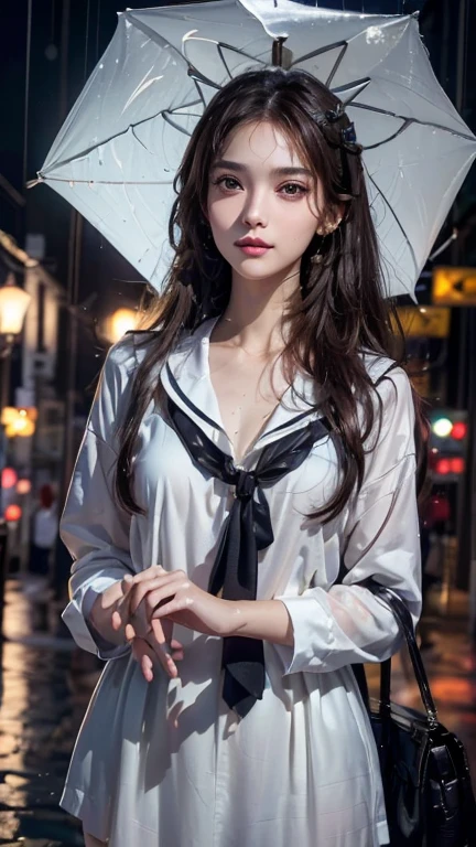 (RAW shooting, Photoreal:1.5, 8k, highest quality, masterpiece, ultra high resolution), perfect dynamic composition:1.2, street corner at night, look up at the sky:1.3, (((Typhoon heavy rain))), Highly detailed skin and facial textures:1.2, Slim high school girl wet in the rain:1.3, sexy beauty, perfect style:1.2, beautiful and aesthetic, Fair skin, very beautiful face, (rain drips all over my body:1.2, wet hair:1.4, wet uniform:1.2), water droplets on the skin, (Medium chest, Chest gap), (embarrassing smile, The expression on your face when you feel intense caress, Facial expression when feeling pleasure), (beautiful blue eyes, Eyes that feel beautiful eros:0.8), (Too erotic:0.9, Bewitching:0.9), cowboy shot, student bag, perfect limbs, perfect fingers