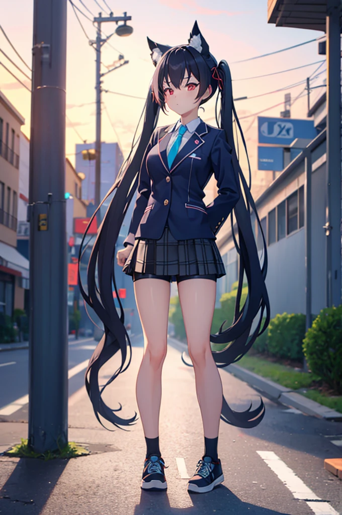 a cute femboy , trap ,baserika, twintails, long hair, hair ribbon, red eyes ,collared shirt, blue necktie, blazer, plaid skirt, bike shorts, shorts under skirt, sneakers , eye makeup ,shy ,embrassed ,cute red face, big breast ,standing sexy pose on platform on the street in downtown city at sunset time , full body.