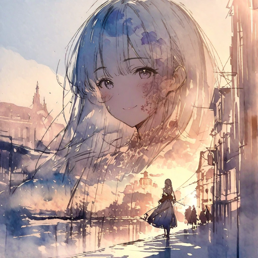 ((sketch:1.5)), ((watercolor:1)), Double Exposure of a Beautiful and Delicate Woman (The face is clear and perfect)image，Background、 Perfect Ultra Detailed Victorian Scenery , beautiful, beautiful笑顔, complicated illustration,  Artwork Concept Artwork, break,(Show someone a smile once an hour ),