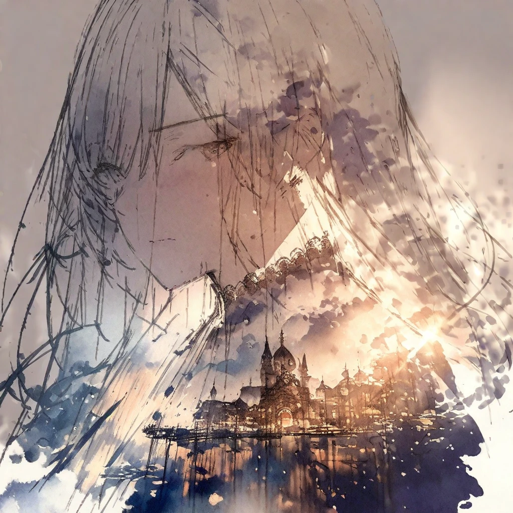 ((sketch:1.5)), ((watercolor:1)), Double Exposure of a Beautiful and Delicate Woman (The face is clear and perfect)image，Background、 Perfect Ultra Detailed Victorian Scenery , beautiful, beautiful笑顔, complicated illustration,  Artwork Concept Artwork, break,(Limits that cannot be crossed even with effort become a turning point),