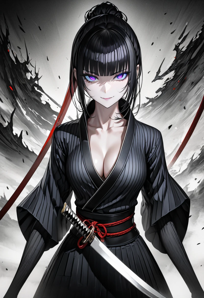 最 High Quality , 8k,  high definition ,  High Quality ,   Masterpiece , beautiful, { Anatomically Correct }, Mature Woman, 1girl, Black colored hair, bob hair, up pony hair,  Teal Eyelids,  blunt bangs,, beautiful small breasts , , small, gleaming skin, knife, samurai,  Black Kimono, , Ready for battle,  dungeons,  devilish smile,  above the knee, slender, cleavage, 