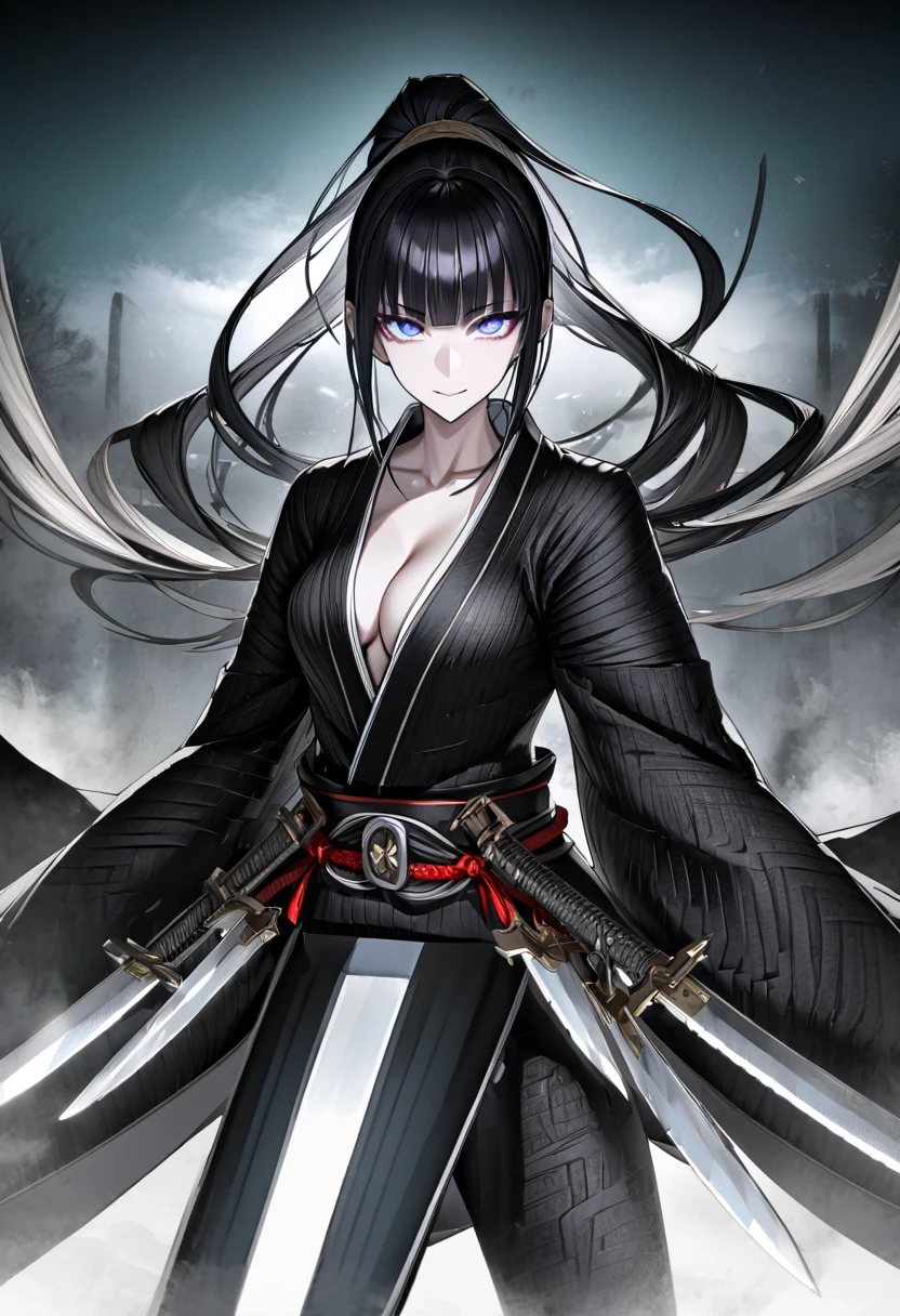 最 High Quality , 8k,  high definition ,  High Quality ,   Masterpiece , beautiful, { Anatomically Correct }, Mature Woman, 1girl, Black colored hair, bob hair, up pony hair,  Teal Eyelids,  blunt bangs,, beautiful small breasts , , small, gleaming skin, knife, samurai,  Black Kimono, , Ready for battle,  dungeons,  devilish smile,  above the knee, slender, cleavage, 