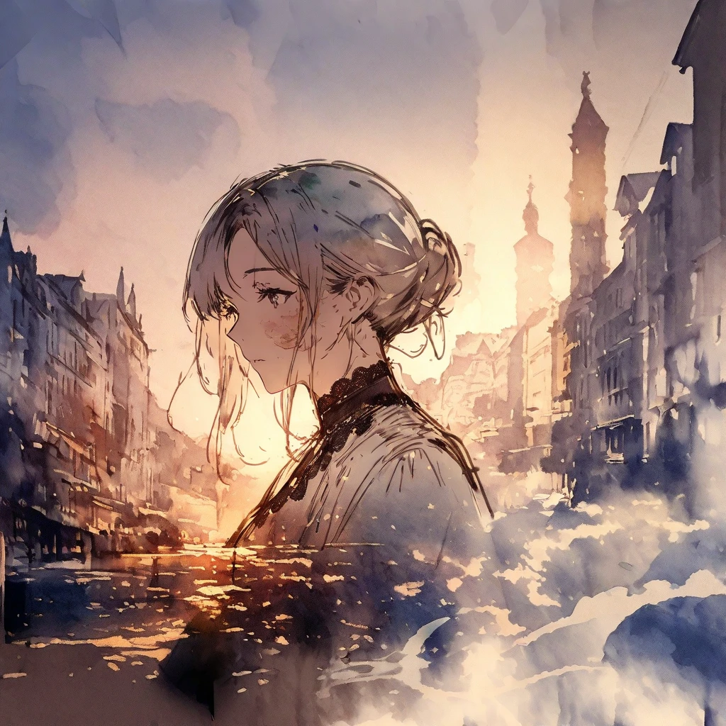 ((sketch:1.5)), ((watercolor:1)), Double Exposure of a Beautiful and Delicate Woman (The face is clear and perfect)image，Background、 Perfect Ultra Detailed Victorian Scenery , beautiful, beautiful笑顔, complicated illustration,  Artwork Concept Artwork, break,(Limits that cannot be crossed even with effort become a turning point),