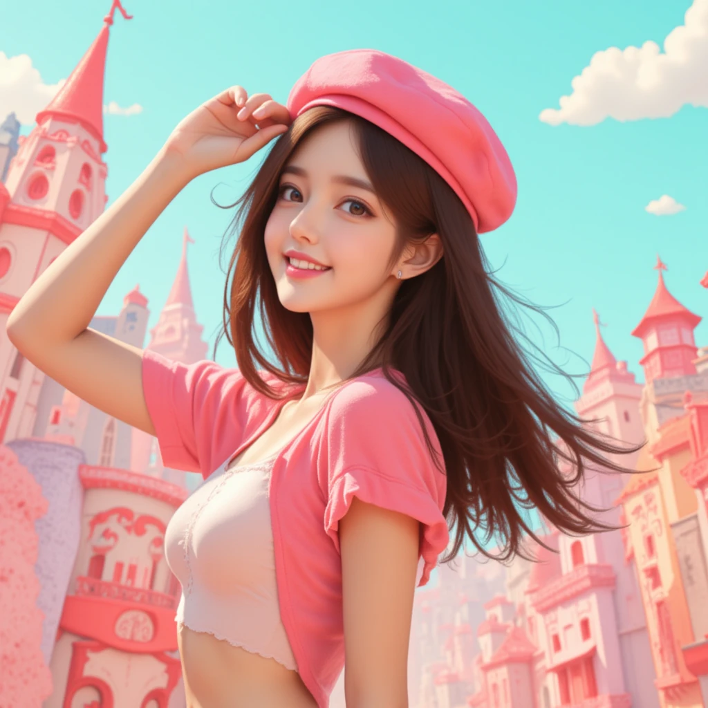 A whimsical illustration of an East-Asian woman in the foreground, shown in a half-body view, wearing pop and cute fashion, including a beret. She is smiling cheerfully, her hair flowing in the wind, while holding her beret with one hand to prevent it from flying away. The background features a vibrant, pastel-colored cityscape with charming, colorful buildings in an artistic and dreamy style. The overall atmosphere is light, airy, and playful, emphasizing the dynamic and cheerful moment.