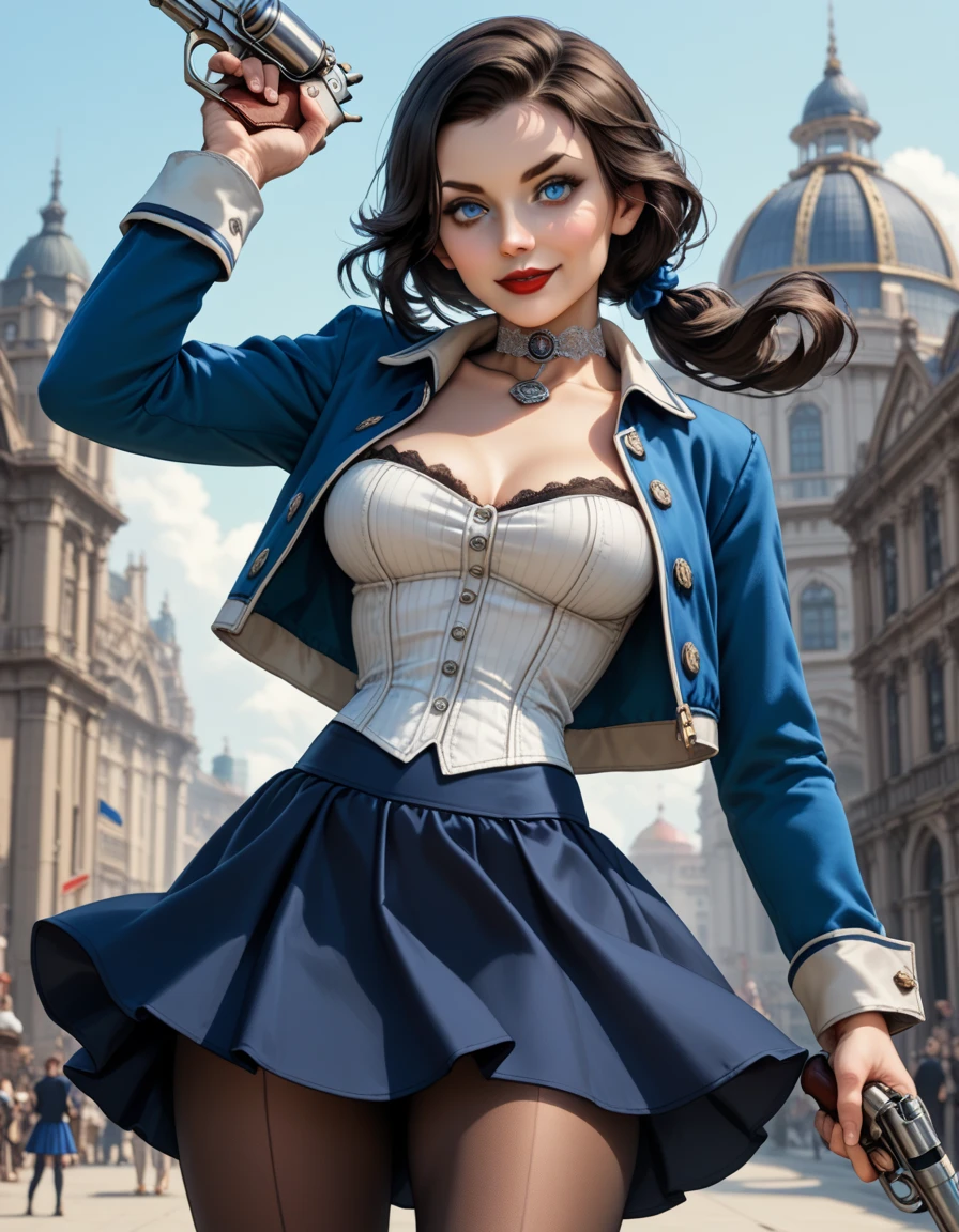 1woman, solo; Elizabeth Comstock from "Bioshock Infinite"; long loose hair gathered in a low ponytail, dark hair, pale skin, blue eyes, red lips, light smile, ultra-detailed face, detailed eyes; ribbed white corset with open top, (tight blue bolero jacket:1.27), silver detailing on jacket, (cameo choker necklace), (long, blue a-line skirt with high slits:1.37), black detailing on skirt, (opaque pantyhose), {{calf-high black boots with low heels}}; wielding hand cannon revolver, contrapposto stance, ((modeling poses)), (cowboy shot:1.37); 8k, 16k, high resolution, highres