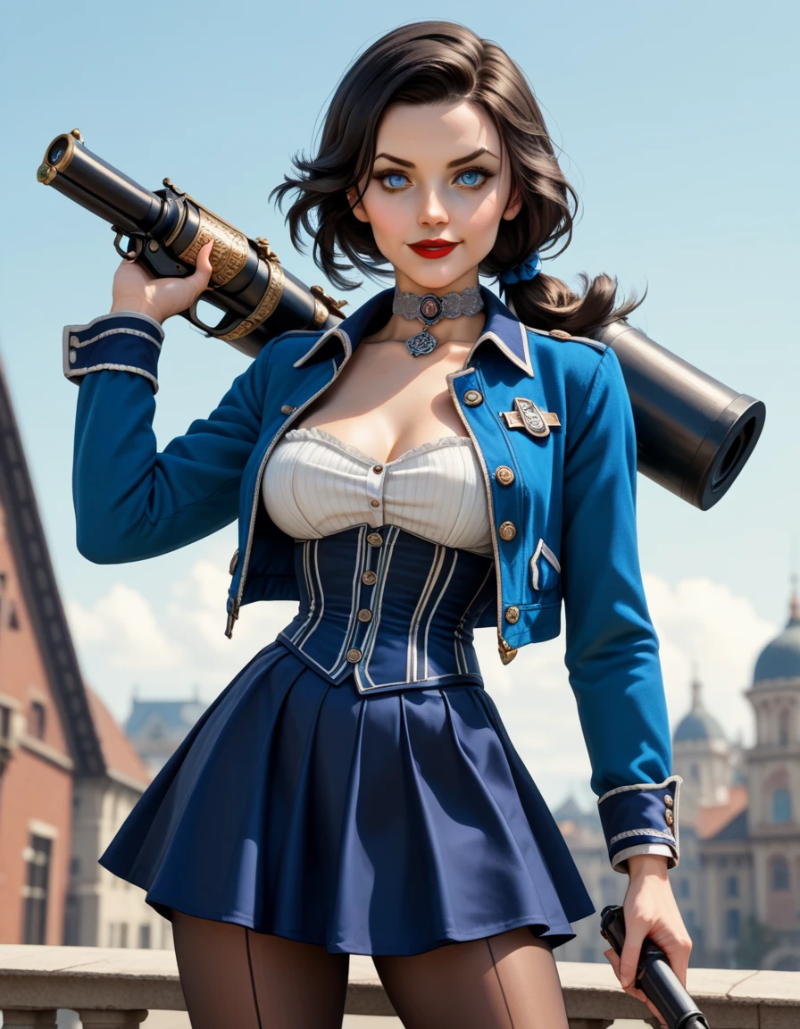 1woman, solo; Elizabeth Comstock from "Bioshock Infinite"; long loose hair gathered in a low ponytail, dark hair, pale skin, blue eyes, red lips, light smile, ultra-detailed face, detailed eyes; ribbed white corset with open top, (tight blue bolero jacket:1.27), silver detailing on jacket, (cameo choker necklace), (long, blue a-line skirt with high slits:1.37), black detailing on skirt, (opaque pantyhose), {{calf-high black boots with low heels}}; wielding hand cannon revolver, contrapposto stance, ((modeling poses)), (cowboy shot:1.37); 8k, 16k, high resolution, highres