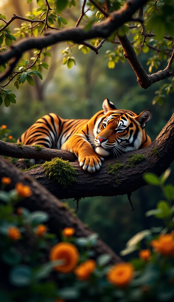 TREE branch in closeup, tiger sleeping, Fujifilm, moody color grading, ETERNA COLOR GRADING, AESTHETIC IMAGE, filter.DOF. cinematic, still, artistic. striking details of swirling photographed on a Sony A7R IV, 18mm F/1.7 cine lens, (highly detailed, intricately detailed), 8k, HDR,(volumetric lighting), (dynamic lighiting), , real shadows, intricate detail, photorealistic DOF. cinematic, still, artistic. striking details of swirling bokeh,depth of field.Helios 44-2 is 49mm., swirling bokeh