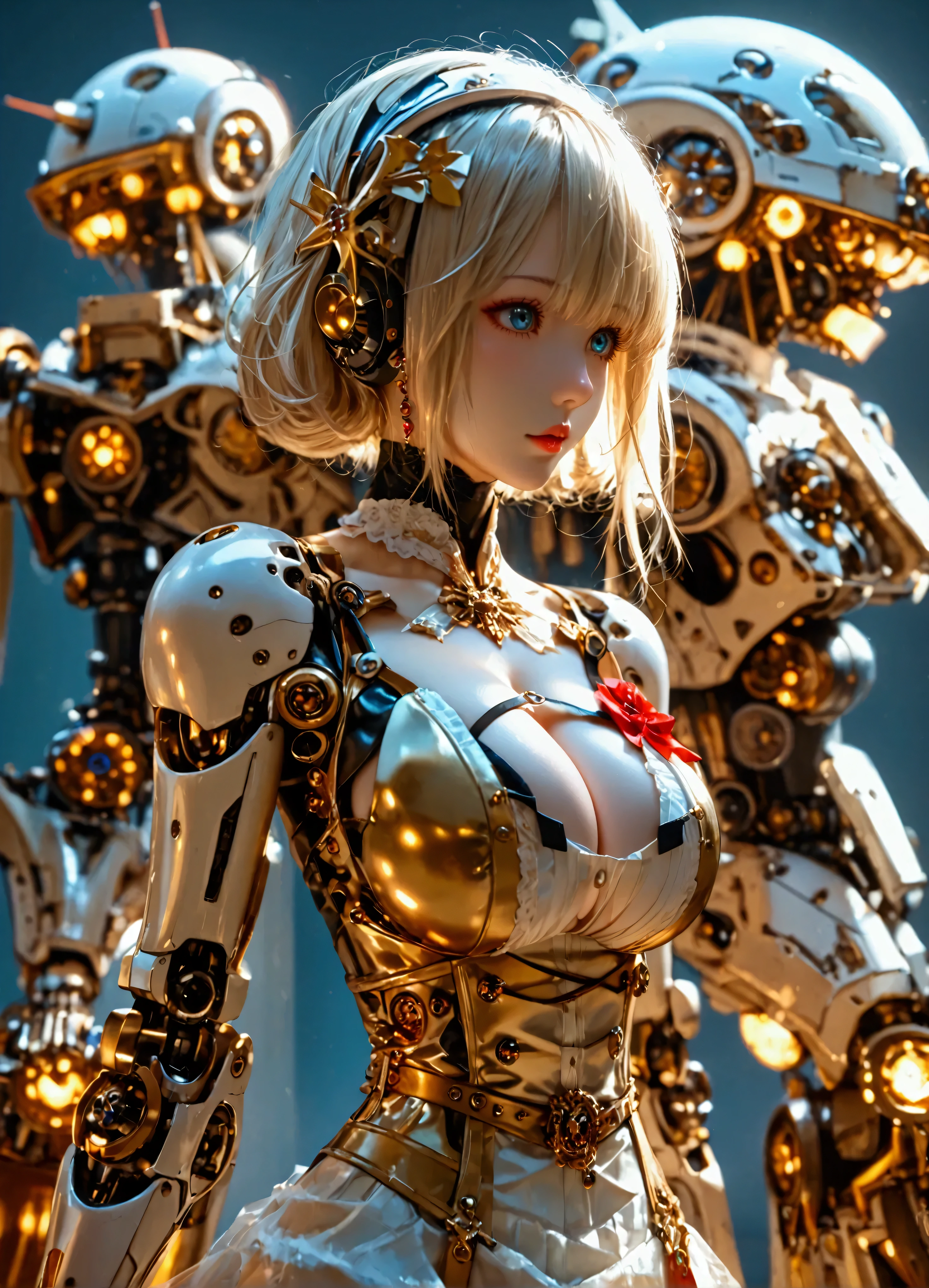 8k, top-quality, （pubic hair beauty）、high resolution, 逼真, real person, ((​masterpiece)), ((top-quality)), (The ultra-detail, ((highly contrast)), (a high chroma), (Beautiful detail eyes), ((extremely delicate and beautiful)), (nice hand), ((perfect hand)), (Mechanical cyber city in the background), futuristic cities, 夏天, plein air, Girl on a motorcycle, Medium hair, blonde  hair, asymmetrical bangs, beautiful detailed Glass hair, blue eyes, large chest, mechanical suit, ((shiny body)), (very shiny body), Clear, jewelry, ornament detached, a gorgeous, opulent, magnificent, Illumination scattered throughout the body, Illumination brilliance, cyborgs, android, bodysuit, huge tit, open cleavage, beauty legs , Full Body