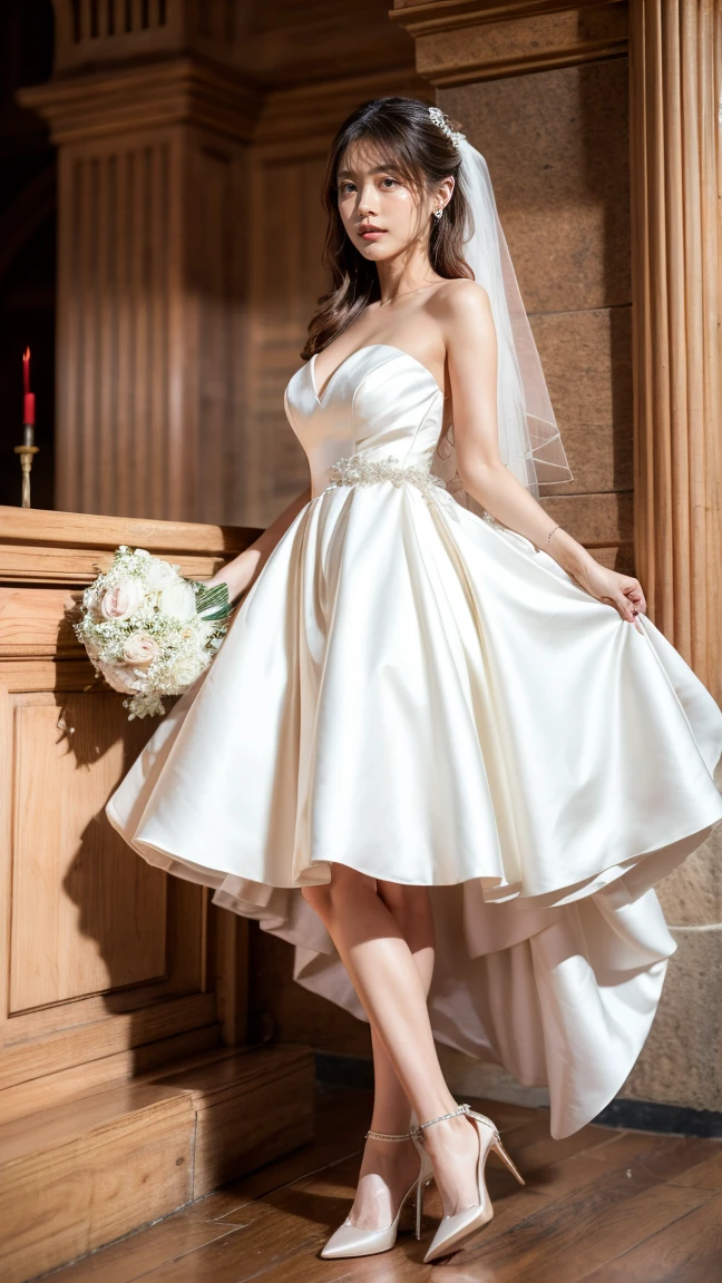 A beautiful young Japanese woman, 26 years old, with healthy thighs, beautiful legs, flawless skin, random hair color and style, large breasts, wearing a (wedding dress:1.3), (she is standing:1.2), full body shot, high heels, holding a bouquet in her hands, in a church setting, (best quality,8k, masterpiece:1.3), (extremely detailed:1.2), perfect anatomy, Kasumi Arimura