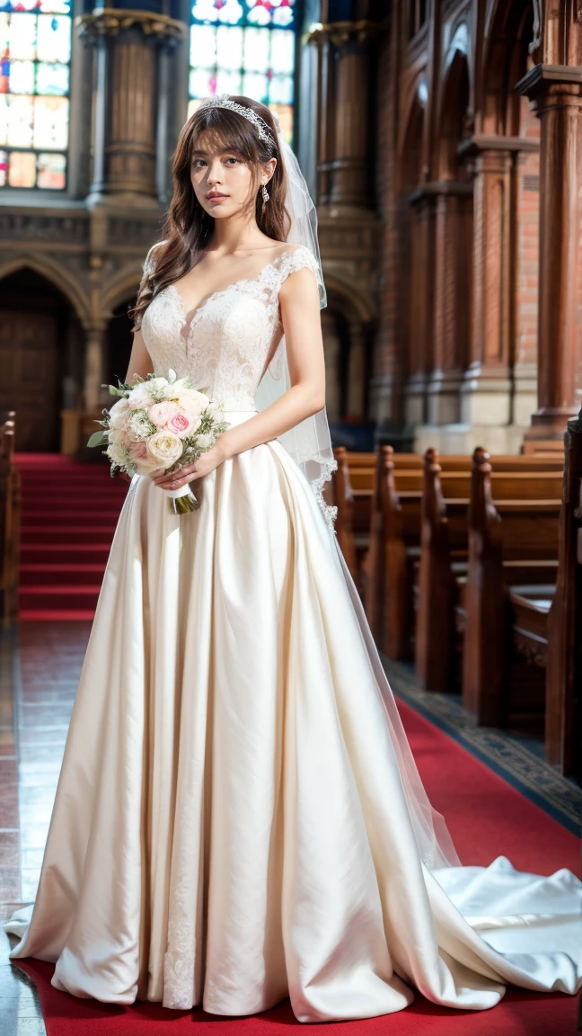 A beautiful young Japanese woman, 26 years old, with healthy thighs, beautiful legs, flawless skin, random hair color and style, large breasts, wearing a (wedding dress:1.3), (she is standing:1.2), full body shot, high heels, holding a bouquet in her hands, in a church setting, (best quality,8k, masterpiece:1.3), (extremely detailed:1.2), perfect anatomy, Kasumi Arimura