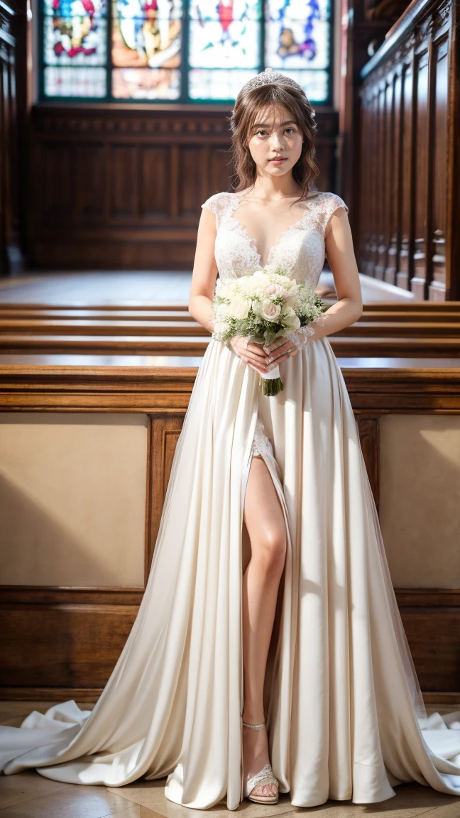 A beautiful young Japanese woman, 26 years old, with healthy thighs, beautiful legs, flawless skin, random hair color and style, large breasts, wearing a (wedding dress:1.3), (she is standing:1.2), full body shot, high heels, holding a bouquet in her hands, in a church setting, (best quality,8k, masterpiece:1.3), (extremely detailed:1.2), perfect anatomy, Kasumi Arimura