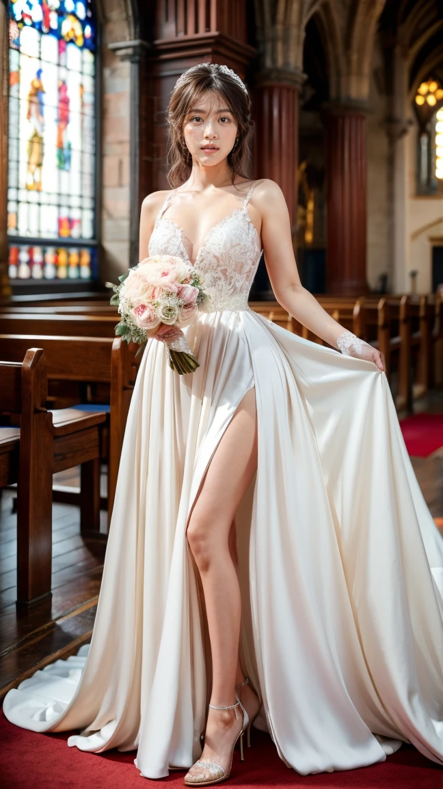 A beautiful young Japanese woman, 26 years old, with healthy thighs, beautiful legs, flawless skin, random hair color and style, large breasts, wearing a (wedding dress:1.3), (she is standing:1.2), full body shot, high heels, holding a bouquet in her hands, in a church setting, (best quality,8k, masterpiece:1.3), (extremely detailed:1.2), perfect anatomy, Kasumi Arimura