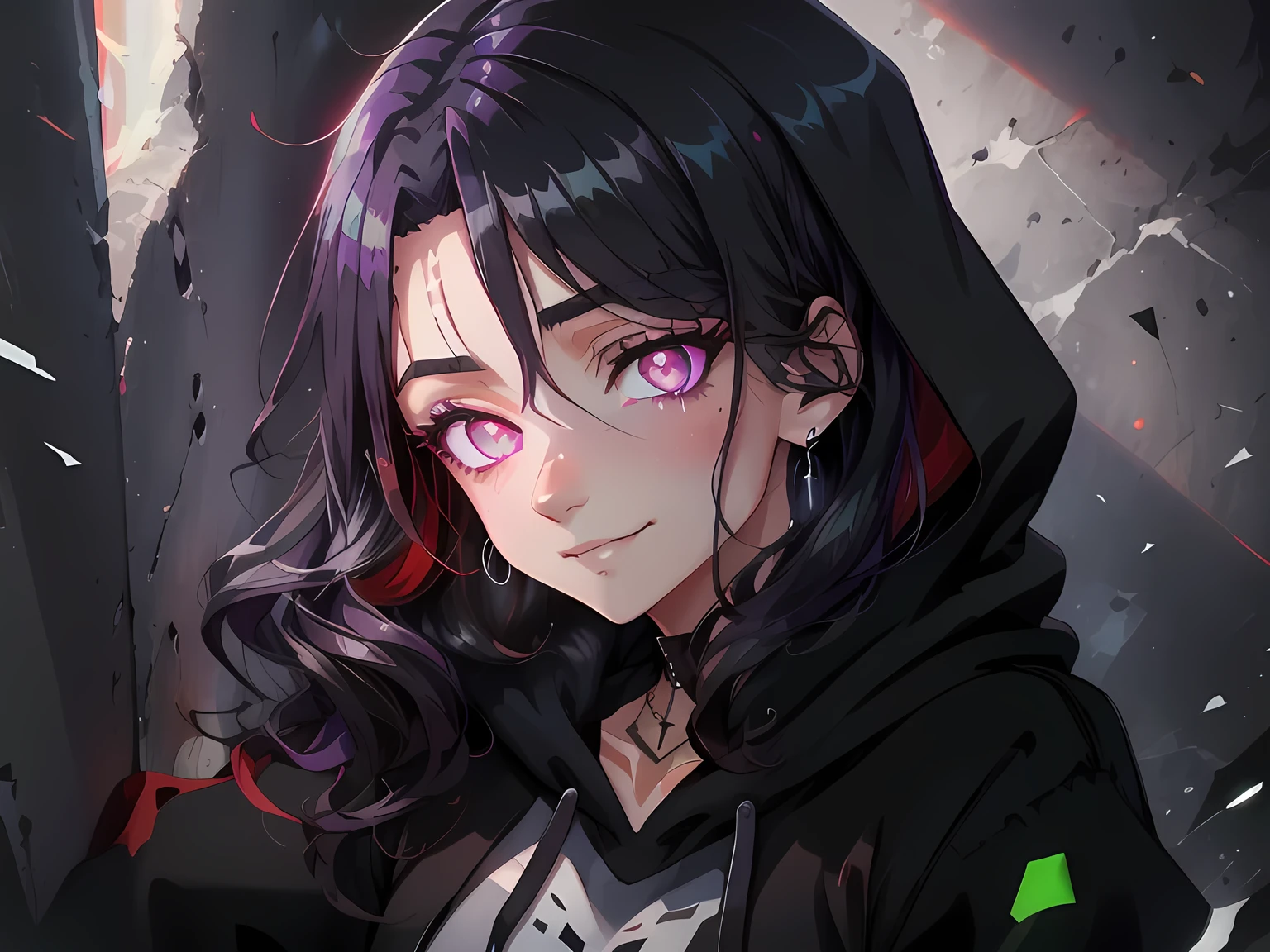 young anime girl leaning against a wall, sharp face features and big purple glowing eyes, long black hair ((smirk)), intelligent, (perfectly shaped eyes), black relaxed hoodie, shiny silver minimalist jewelry, ((detailed pupils)), (beautiful detailed face), ((cinematic look)), hyperdetailed, soft blush red light,