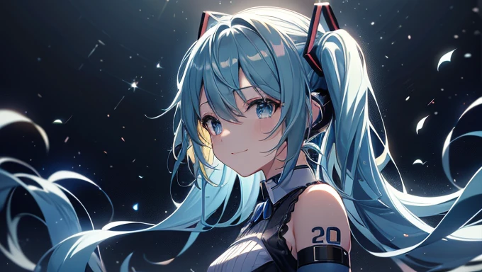 Miku Dayo, 『』 vocaloid ， Sona is a Slender  , Hatsune Miku, Hatsune Miku portrait, portrait of Hatsune Miku,初音ミクが魔法のsynthesizerを弾く ， top quality、  Masterpiece，((synthesizer))、 Close your eyes，smile，fun， Charming Anime Girl  , noteが流れる，music，Sparkling Sound ，note