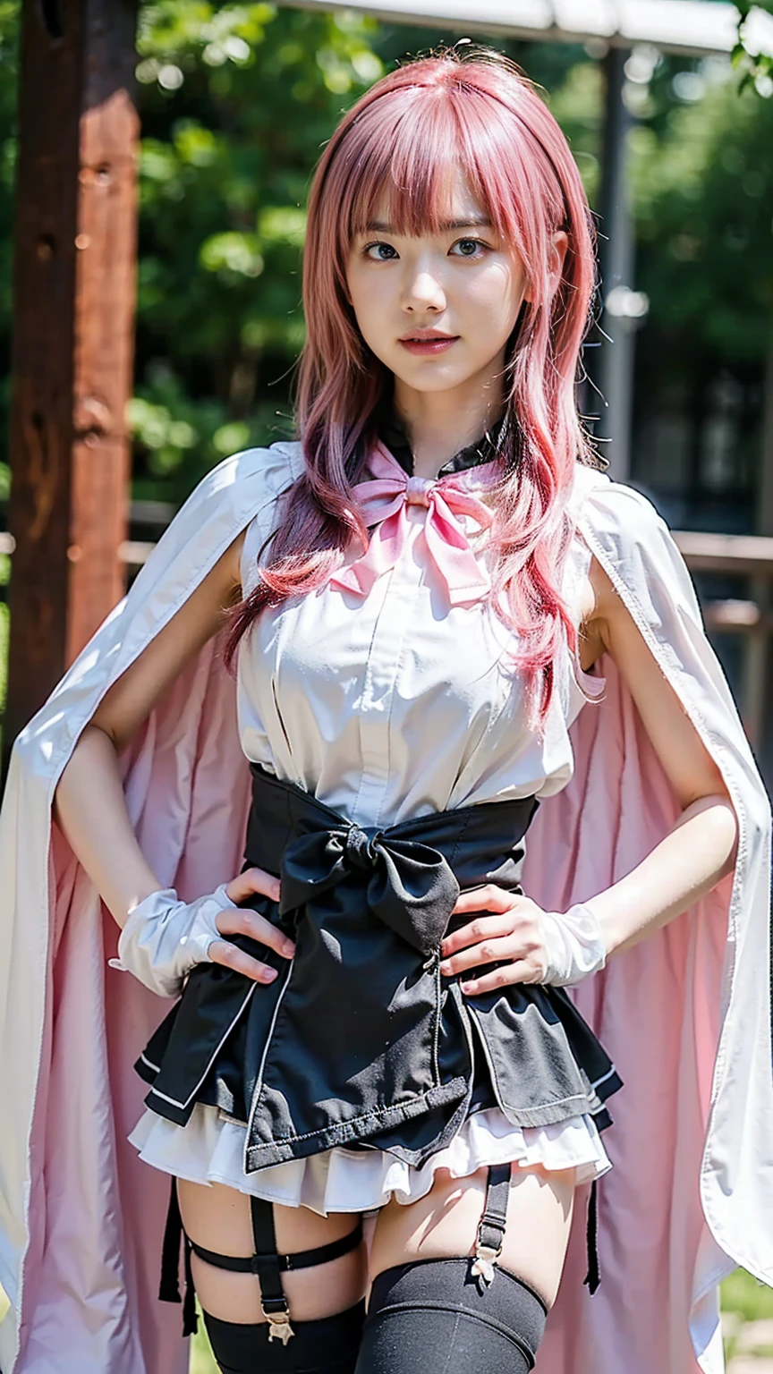 (8k, RAW photo, best quality, masterpiece:1.2), (realistic, photo-realistic:1.37), ultra highres, depth of field, chromatic aberration, caustics, Broad lighting, natural shading,Fujifilm XT3,masterpiece,ultra detailed,yui princess,1girl, solo,looking at viewer,outdoors,full body,pleated skirt,pink hair, <lora:yui princess-000009:0.7>