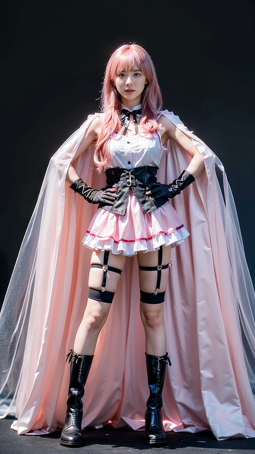 (masterpiece、Highest quality:1.4)、 (8K resolution、Ultra-high resolution:1.2)、 (Realistic:1.3)、Detailed depiction face、Eye for detailed depiction、Detailed skin、Detailed hair、Glowing Skin、 Human skin type、Japanese Idol、Very beautiful woman、Detail and beauty that cannot be captured in reality:1.3、 Elegant and perfect figure、 1 Girl、、 (Beautiful Bangs、Highly detailed hair、Glowing Skin、Lip gloss、Add highlights to the eyes、Double eyelids、Long hair to the waist length、Pastel pink hair、Scarlet Eyes、White knee socks、White shirt、Black Cape、black pleated skirt、Black Loafers、Break Embarrassed expression、blush,Hands on hips、look down、Puff out your cheeks:1.5)（Big boobs:1.5)、(Dim background、Inside a fantasy magic school、Lamplight:1.1)、Perfect finger shape、Strong highlights from below、(Look closely at the camera)、Very low camera angle