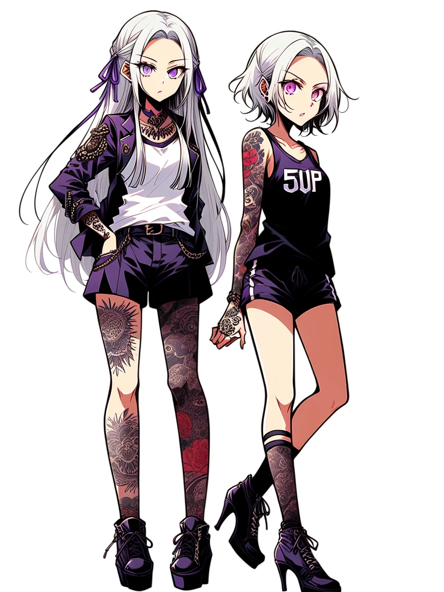 score_9, score_8_up, score_7_up, score_6_up, score_5_up,  t4ts, tattoos, tattoo, 1girl, Edelgard von hresvelg, white hair, tank top, booty shorts, high heels, purple eyes, standing, blank background