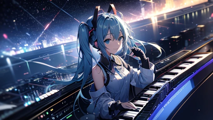 Miku Dayo, synthesizer， vocaloid ， Sona is a Slender  , Hatsune Miku, Hatsune Miku portrait, portrait of Hatsune Miku,初音ミクが魔法のsynthesizerを弾く ， top quality、  Masterpiece，((synthesizer))、 Close your eyes，smile，fun，Synthesizer charming anime girl , noteが流れる，music，Sparkling Sound ，note，Synthesizer