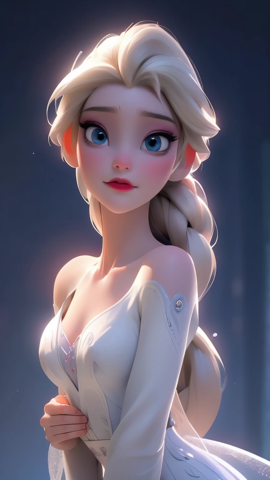 Elsa, (perky breasts), (((small breasts))), smirk:1.2, beautiful blue eyes, (perfect iris’s), depth of colour to her eyes, blonde hair, long hair, braid, full lips, blush, naked, she is showing her vagina, depth of field, bokeh, (special attention to skin detail: 1.2), masterpiece, best quality, ultra-detailed, ultra-HD, photorealistic, cinematic, ((mid camera shot)), sensual pose, alluring, nipples:1.4, looking up at camera, closeup on her face, her cheeks are blushed, 2, she is on her knees, eye contact:1.4, high angle:1.5, ((closeup on face)), perfect face, (((visible breasts))) bokeh everything other than her perfect face, location is Arendelle in winter, ice castle