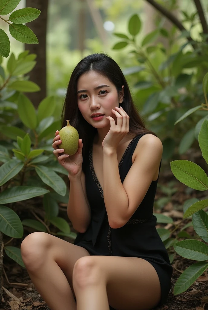 ((ultra-realistic photo)) [A 19-year-old Indonesian girl sits in a dense, untamed jungle during the midday sun, dressed in a simple black daster. Her face is pale and weary, with a melancholic expression as she holds and eats a piece of wild fruit. The forest is lush and alive, with towering trees, thick bushes, and dappled sunlight filtering through the foliage. The camera focuses closely on her, highlighting her tired face, the textures of the fruit in her hand, and the simplicity of her attire. The natural light creates a vivid contrast between her figure and the vibrant greenery of the jungle in ultra-realistic 8K detail.]