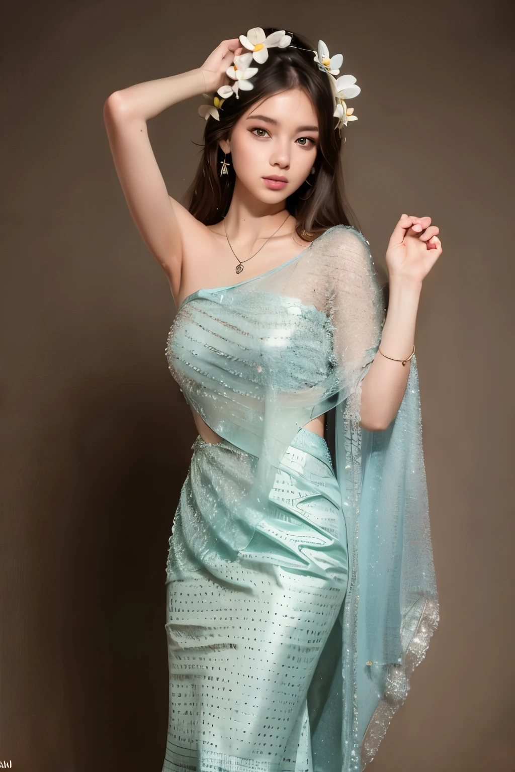 (masterpiece, best quality:1.2),1girl, arm up, black hair, brown background, brown eyes,Dai ethnic skirt, earrings, flower, hair flower, strapless dress,Diagonal draped light gauze skirt,Chinese Dai ethnic clothing, hair ornament, jewelry, lips, long hair, looking at viewer, necklace, simple background, solo, standing