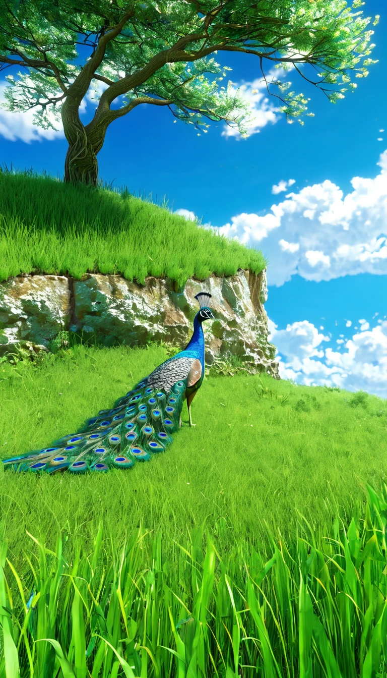  peacock sitting under a tree near a cliff in the prairie , Expansive Blue Sky and Fluffy Clouds 、 tall grass 、Wallpaper 4K , Animated background,  Anime Art Wallpaper 8K 