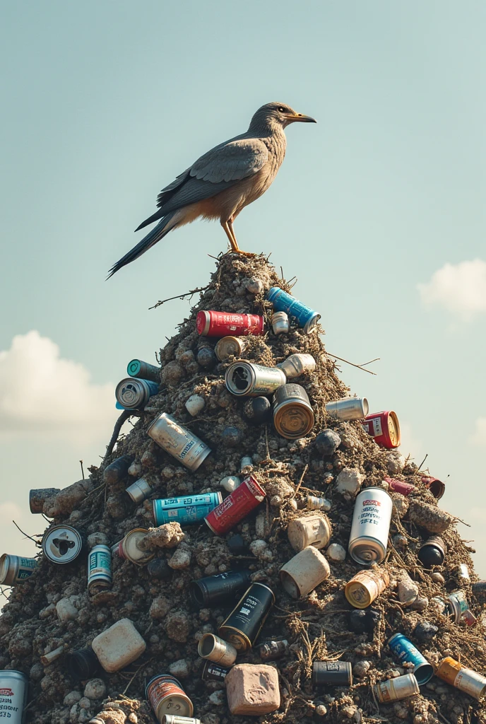 A bird is standing on a pile of garbage,  official artwork,  promotional art , nihilism, album,A nostalgic and melancholic piece, photorealistic