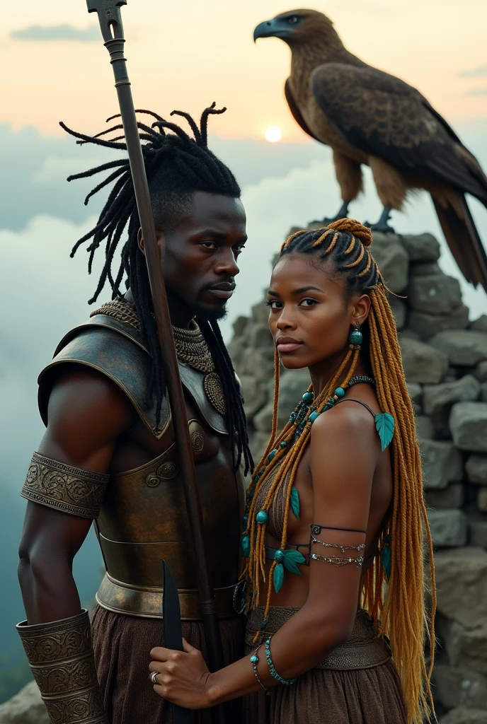 An African King of Dreads and a Bald African Queen, looking like gods, they look each other in love in the eyes, Behind there is a beautiful landscape with mountains
