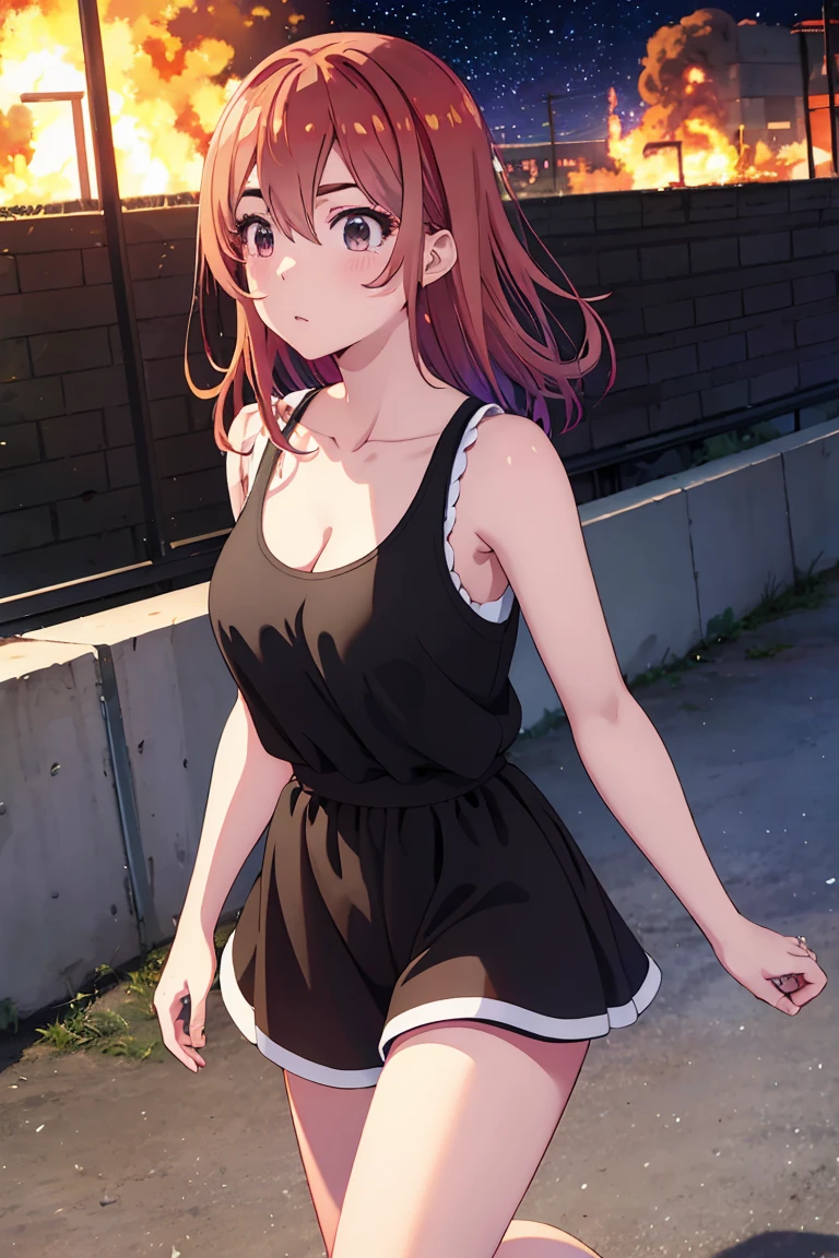 masterpiece, Highest quality anime illustrations, Super detailed,ultra high resolution、perfect lighting single girls, alone, medium hair, anime , view at viewer,  cleavage、 black tank top、 sexy black shorts、at night、 fence、Explosions and flames、Building on fire