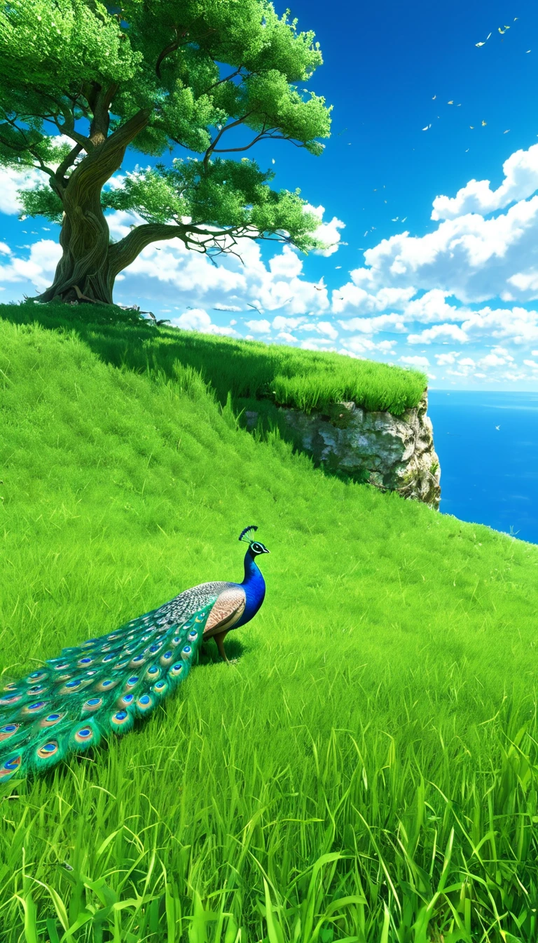  peacock sitting under a tree near a cliff in the prairie , Expansive Blue Sky and Fluffy Clouds 、 tall grass 、wallpaper 8k, Animated background,  Anime Art Wallpaper 8K 