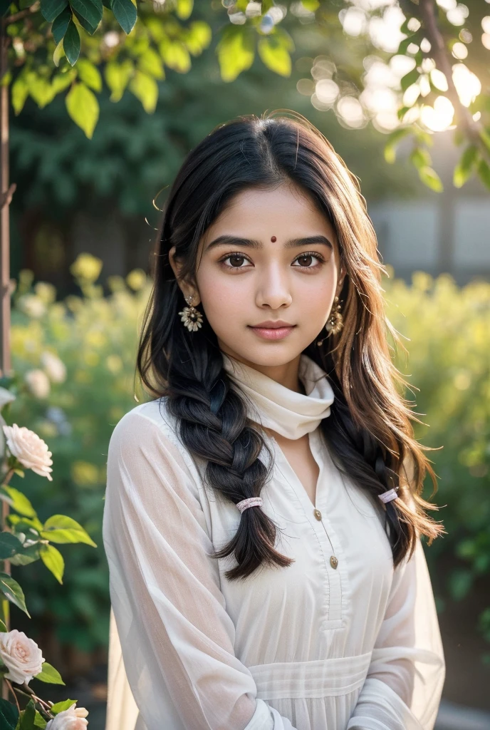  In this image, a young, 20-year-old Indian girl stands gracefully against a soft sunset backdrop. Her long, dark hair is loosely braided, with strands gently framing her face. She’s wearing a pastel-colored traditional kurti paired with a flowy scarf that lightly sways with the breeze. Her big, almond-shaped eyes glimmer with curiosity, and her gentle smile radiates warmth. The light of the setting sun casts a soft glow on her skin, enhancing her natural beauty.
She is captured in a moment of reflection, gazing into the distance. The background is a lush garden with blooming flowers and greenery. The colors around her are vibrant, creating a contrast with her calm and composed demeanor. This image symbolizes the quiet beauty of everyday moments, with the girl representing simplicity, grace, and youthfulness.
Text Overlay Suggestions:
"Every moment holds beauty; all you have to do is look."
"She carries the world in her eyes and serenity in her heart."
"Graceful, young, and full of dreams."
Caption for the post: "Capturing the essence of simplicity and charm, she reminds us that beauty lies in the little things around us.