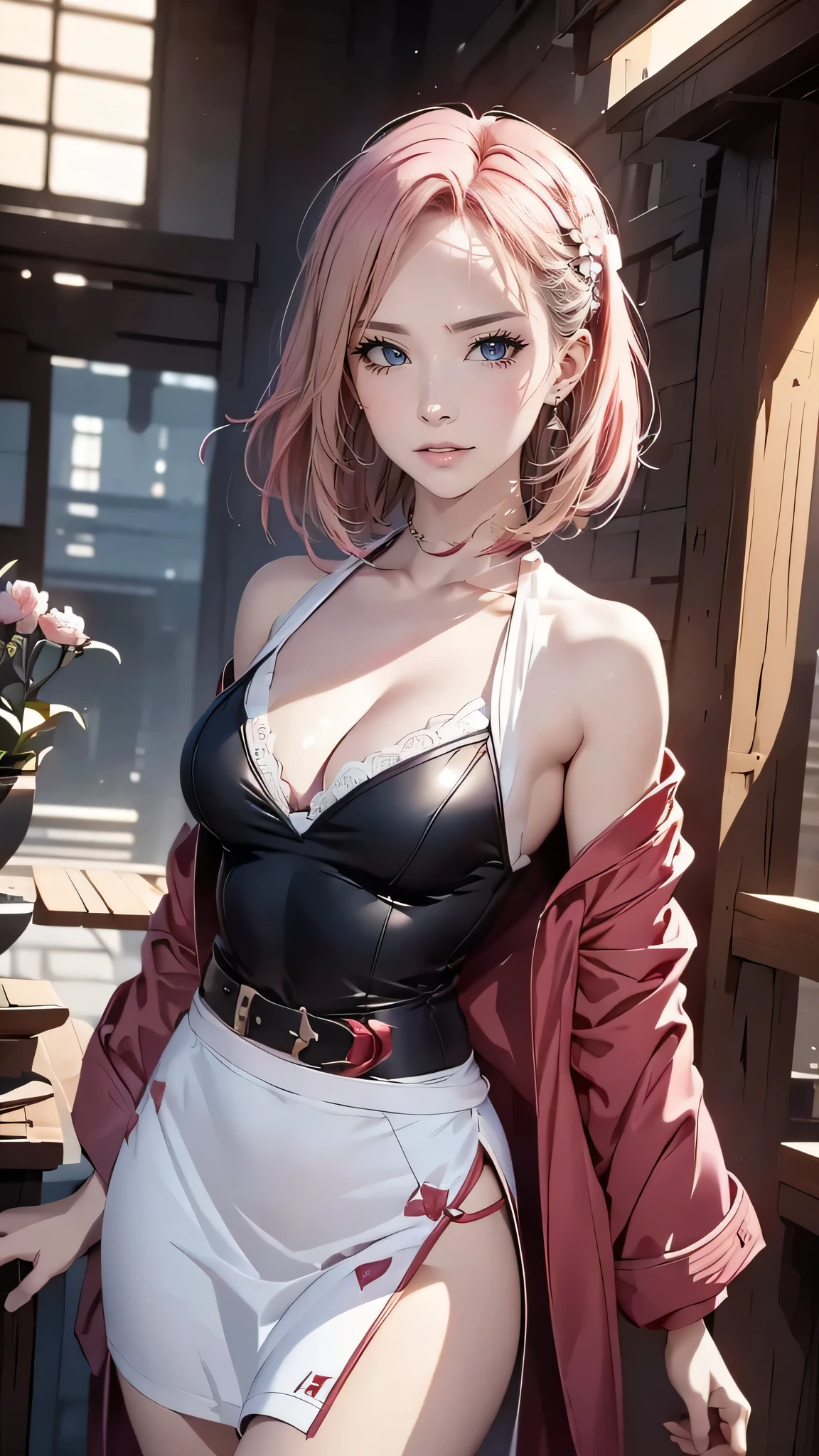 Sakura Haruno, Seductive, ((forehead to show)), Attractive, Sexy eyes, Red coat, Pink hair, Delicate, 年轻, Short hair, Detailed face, High Definition, Full body, from league of legends, Trending in art stations, by RHADS, Andreas Rocha, rossdraws, By Shinkai Makoto, Laurie Greasley, Royce of Barre, Ilya Kuvshinov and Greg Rutkowski