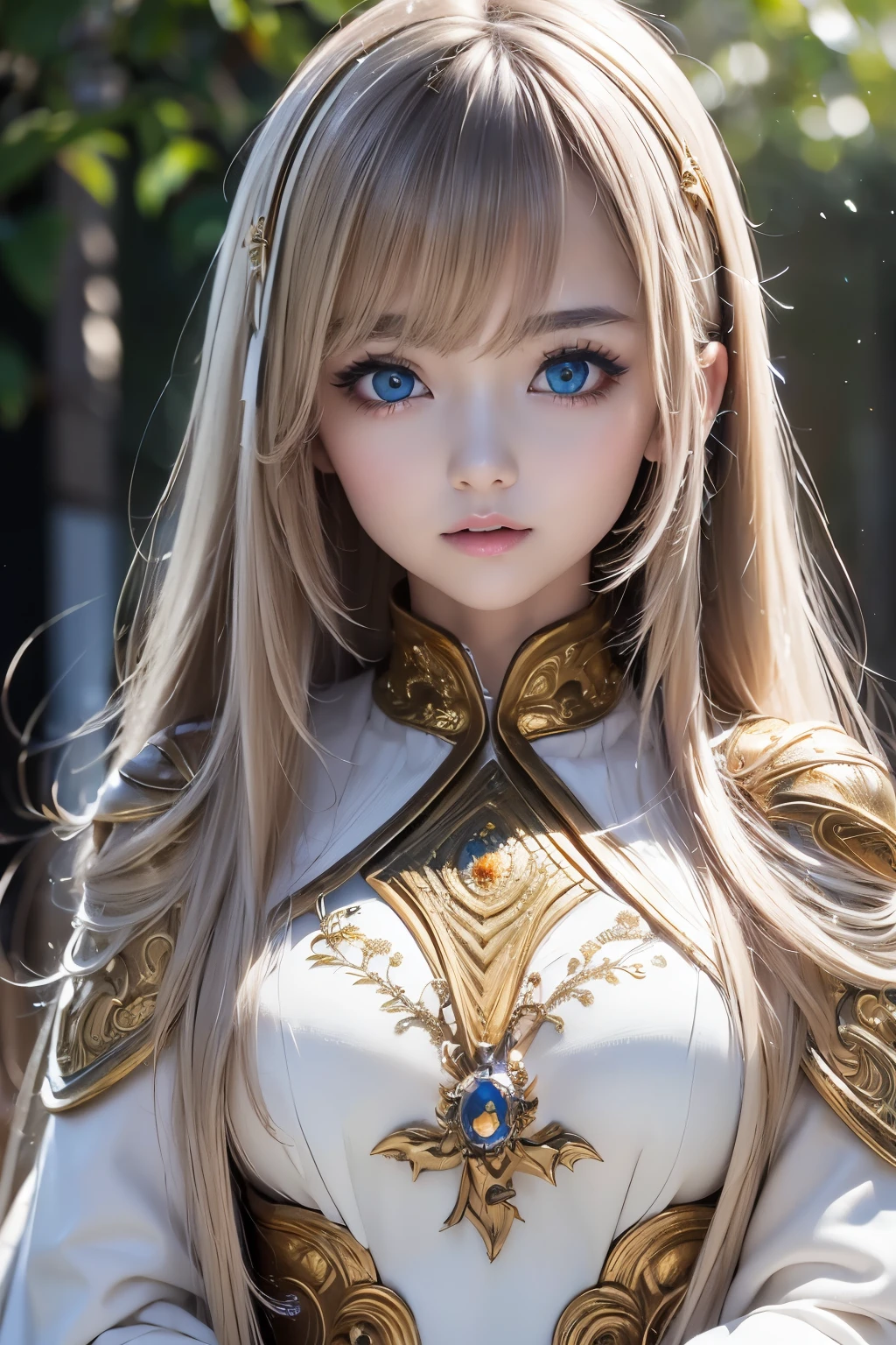 highest quality photography, Live-action adaptation of anime drawings, Masterpiece, 8k images, Subtle details, Starsha from Space Battleship Yamato, Shiny blonde long hair, beautiful woman like a fairy, Very beautiful face, Cute face like a goddess, Delicate beautiful eyes, Captivating proportions, (Beautiful big boobs), Large bust sagging, Big cleavage, (Bust protrusion), White skin, Accentuating body lines, Bust Sharp Hocus, No underwear, Natural Lighting, Plain white background