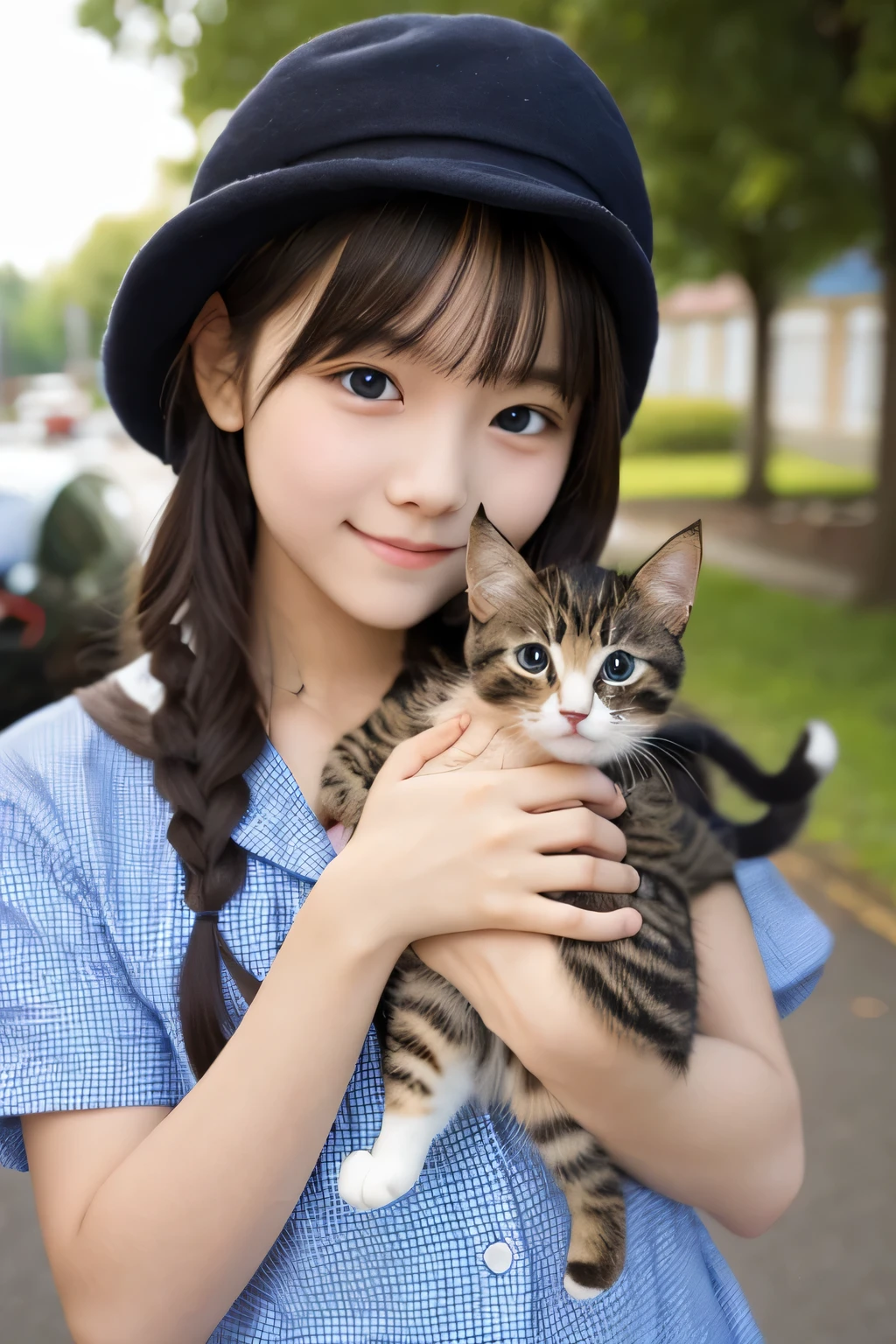Ultra HD, best quality, a girl holding a kitten, cute, bokeh background