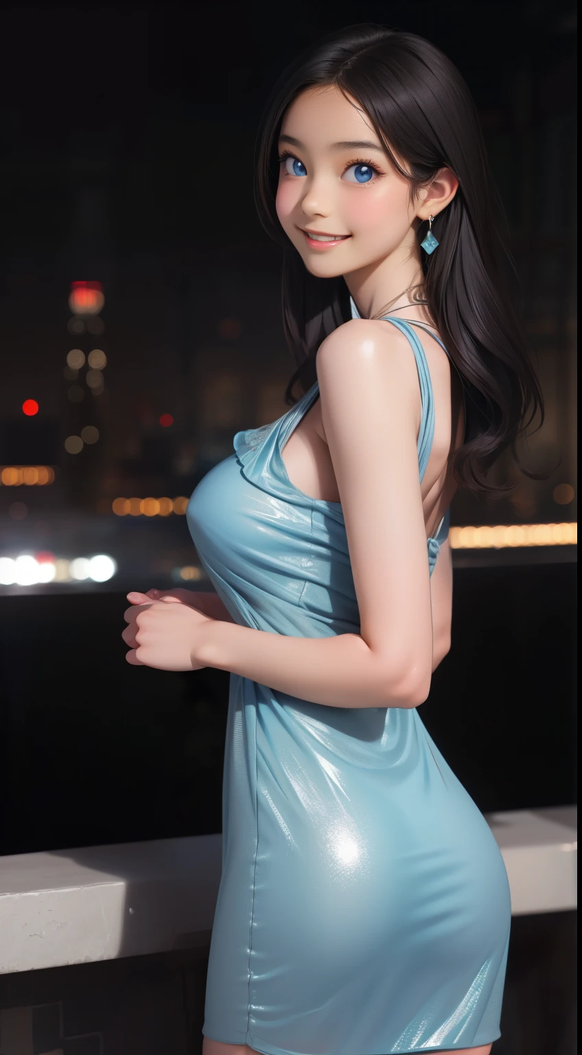 8k, masterpiece, RAW photo, best quality, photorealistic, extremely detailed CG unity 8k wallpaper, Depth of field, Cinematic Light, Lens Flare, Ray tracing, (extremely beautiful face, beautiful lips, beautiful eyes), intricate detail face, ((ultra detailed skin)) 1girl, in the dark, deep shadow, pretty asian girl, ((looking at viewer)),(big smile), (blurry background), midnight, (pretty girl), earrings, bracelets, necklace, clear eyes, (pale skin), face forward, (big eyes), (looking at viewer), large breasts ,((smile)), rooftop, dim lights, ((night)), cityscape, blue eyes, sparkling dress, , mini dress, very short red dress, open breast, veranda, very slim, (medium butt), see through dress, thick thighs, open breast, (back shot)