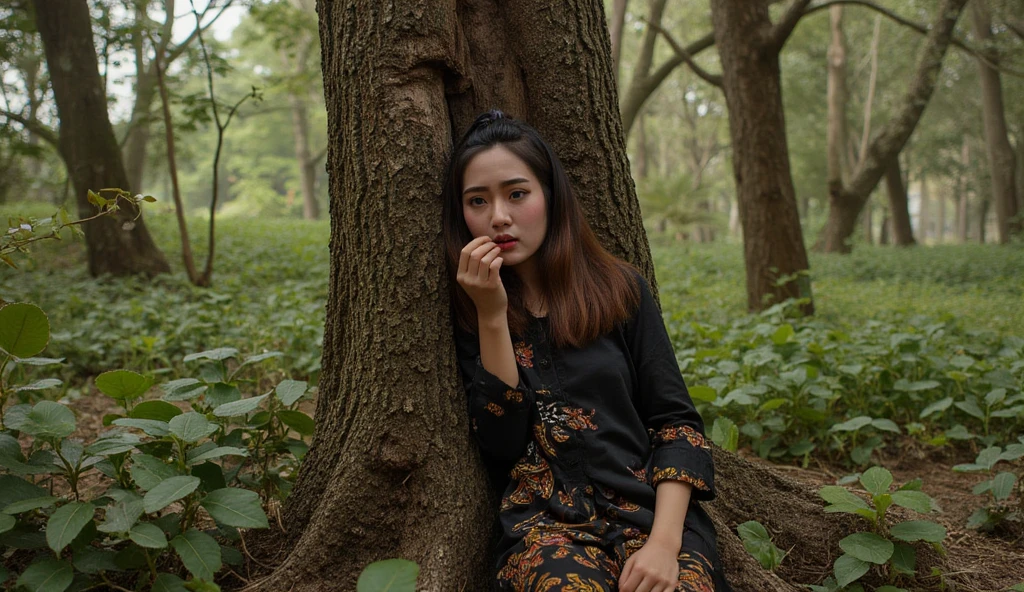 ((ultra-realistic photo)) [A beautiful 19-year-old Indonesian girl is seen sitting under a large, ancient tree in the heart of an Indonesian jungle during the day. She wears a traditional black batik outfit with intricate patterns. Her face is pale and tear-streaked, reflecting sadness and exhaustion. Her posture is slouched, and her expression is deeply melancholic as she eats a piece of wild fruit she picked from the forest. The surrounding jungle is dense with towering trees, thick bushes, and vibrant greenery. The natural sunlight filters through the canopy, casting soft shadows. The camera focuses closely on her, capturing her sorrowful demeanor, the textures of her batik clothing, and the detailed forest scenery in ultra-realistic 8K quality.]