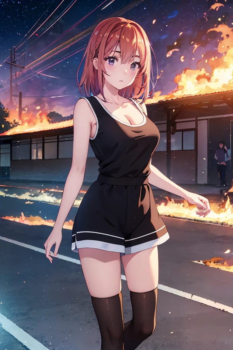 masterpiece, Highest quality anime illustrations, Super detailed,ultra high resolution、perfect lighting single girls, alone, medium hair, anime , view at viewer,  cleavage、 black tank top、 sexy black shorts、at night、 fence、Explosions and flames、Building on fire