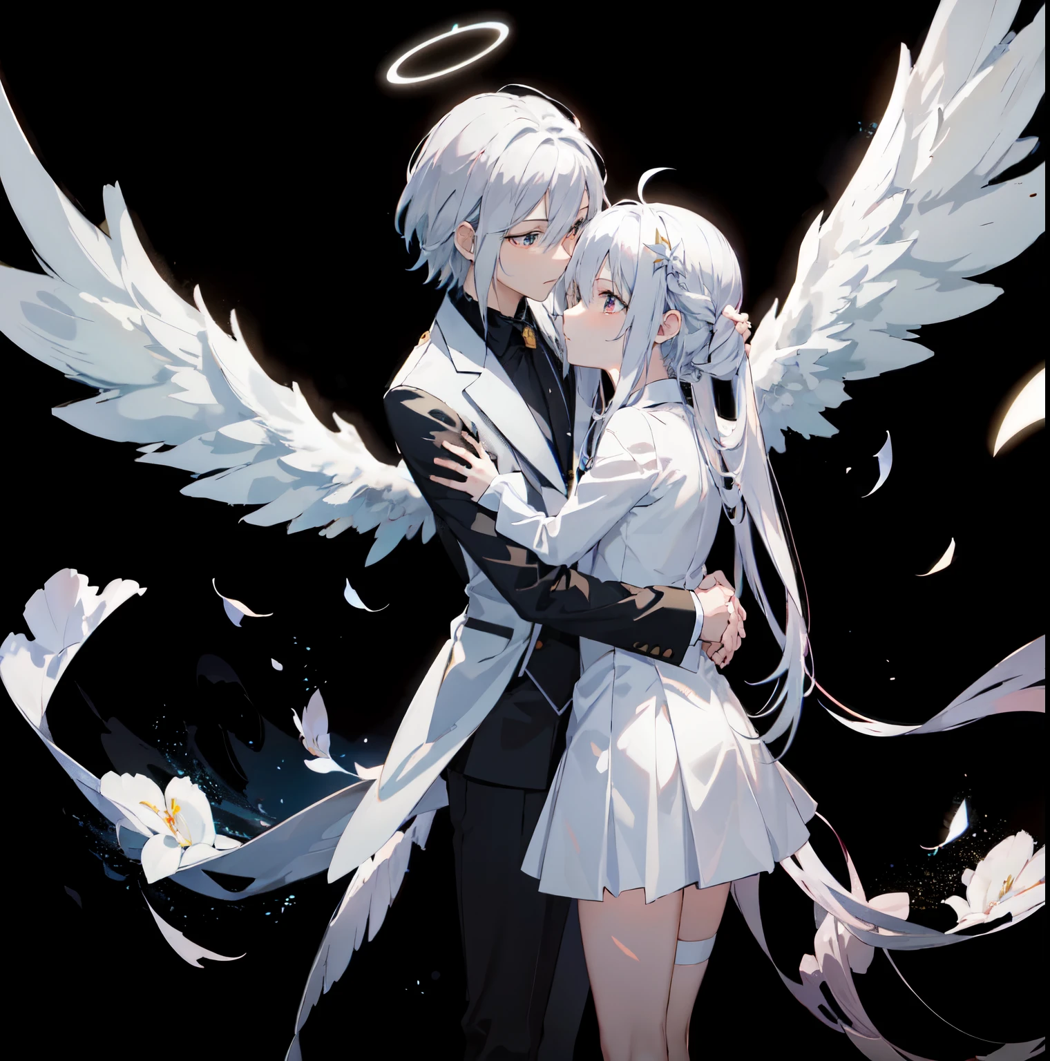 Anime couple hugging and kissing,Pink long scarf masterpiece , accel _WS, angry face, Ojos rojos, limelight, swirling wind,  lightning around the character , Evening,accel _ bj white and platinum lab coat platinum formal outfit platinum color WHITE complex background, very detailed icy  (Gloomy:1.3), (limelight),  long hair color white Y platinum with tips navy blue  , Wings and HALO by ANGEL shiny white and platinum,Frozen Snowstorm WORLD Background,Anime couple hugging and kissing ,Man red eyes , Man long platinum hair, platinum shiny halo ,anime angel with wings and a halo above his head, anime wallpaper, biblical accurate angel, angelic, ((zerator)), glowing angelic being, an angel, angelical, hd anime wallpaper, Night, angel, ascension,  Big shiny white wings , zero-chan, angelic and unsettling, the lilies, ethereal anime, angelic haloanime angel with wings and a halo above his head, anime wallpaper, biblical accurate angel, angelic, ((zerator)), glowing angelic being, an angel, angelical, hd anime wallpaper, Night, angel, ascension,  Big shiny white wings , zero-chan, angelic and unsettling, the lilies, ethereal anime, angelic halo