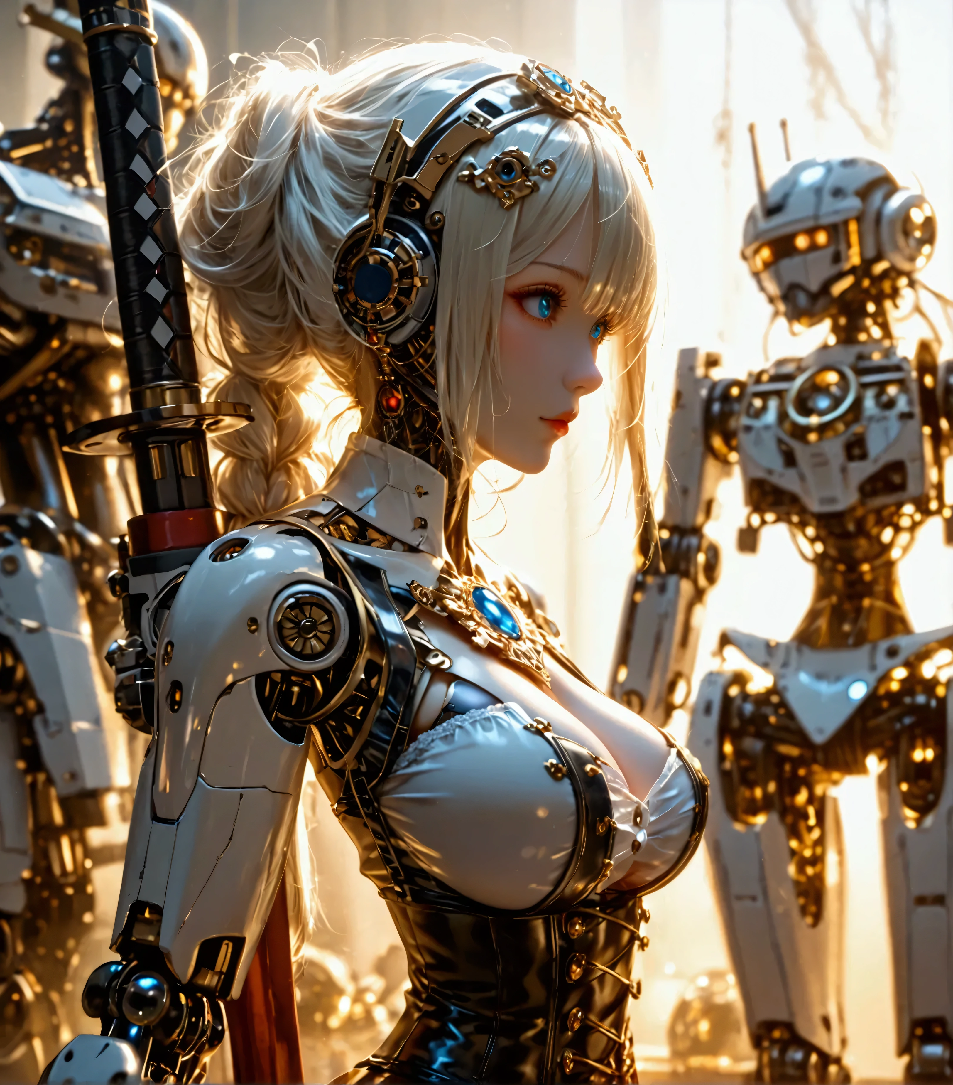 (masterpiece, quality, Best quality, Official Art, Beautiful and beautiful:1.2), (1. Female:1.3),(Blonde),(Short Bob),Very detailed,colorful,Most detailed ((Super detailed)), (Highly detailed CG illustrations), ((Extremely delicate and beautiful)),(View from the side),Cinema lighting,((1. Mechanical Girl)),alone,(Mechanical joints:1.2),((The blood vessels in the machine's limbs are connected to tubes.、The mechanical vertebrae are connected to the back),((Mechanical cervical spine attached to the neck)),Expressionless face,(Wires and cables around the neck:1.2),(Overhead wires and cables:1.2)(Character Focus),Science fiction,White background,(blood:1.5)