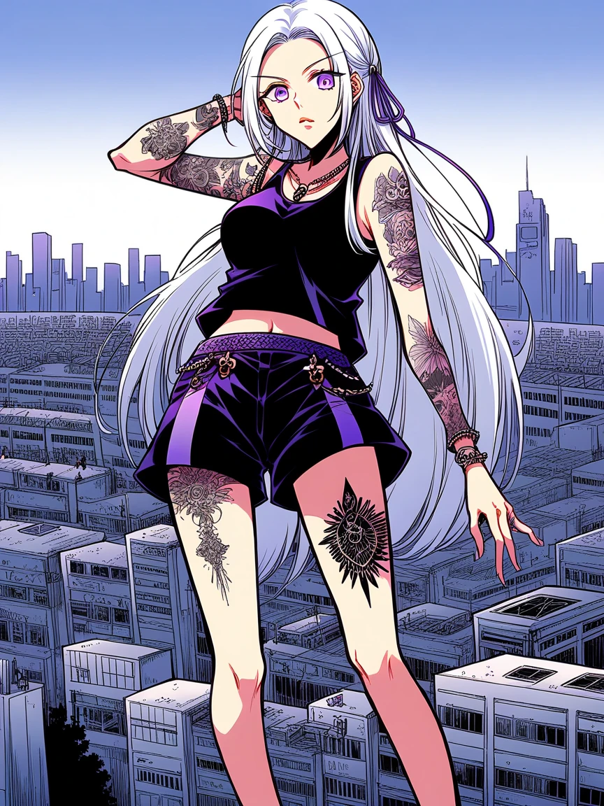 score_9, score_8_up, score_7_up, score_6_up, score_5_up,  t4ts, tattoos, tattoo, 1girl, Edelgard von hresvelg, white hair, tank top, booty shorts, high heels, purple eyes, standing, city background, crop top, mohawk