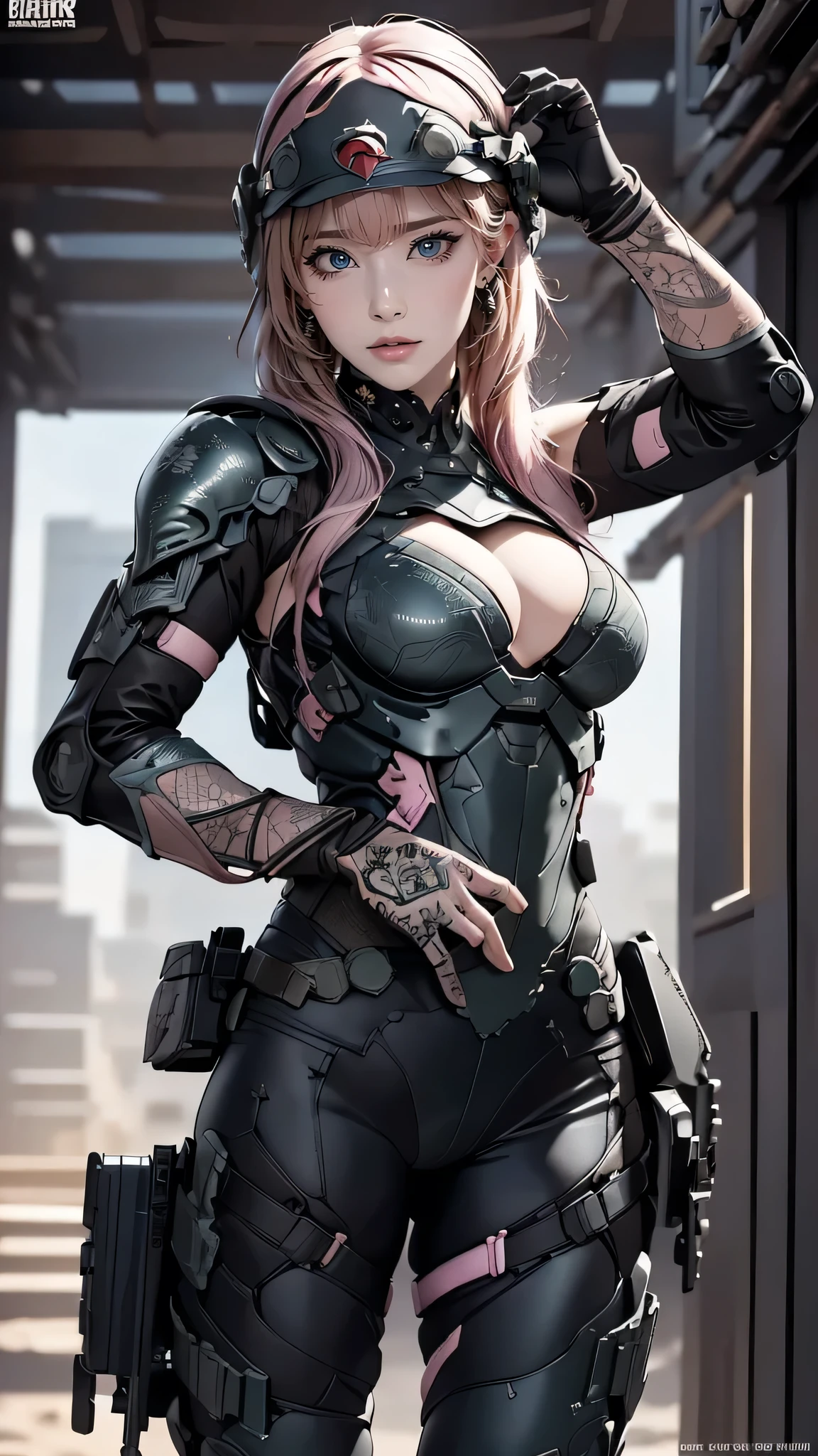 metal gear solid style, (detailed intricate full cover tactical helmet:1.3), (pink hair), cowboy shooting, dynamic poses, 1 girl, alone, Ray tracing, (masterpiece), (best quality), (detailed), (detailed tactical gear:1.1), (body protective equipment:1.1), combat pants, Gloves, (intricate background:1.1), 