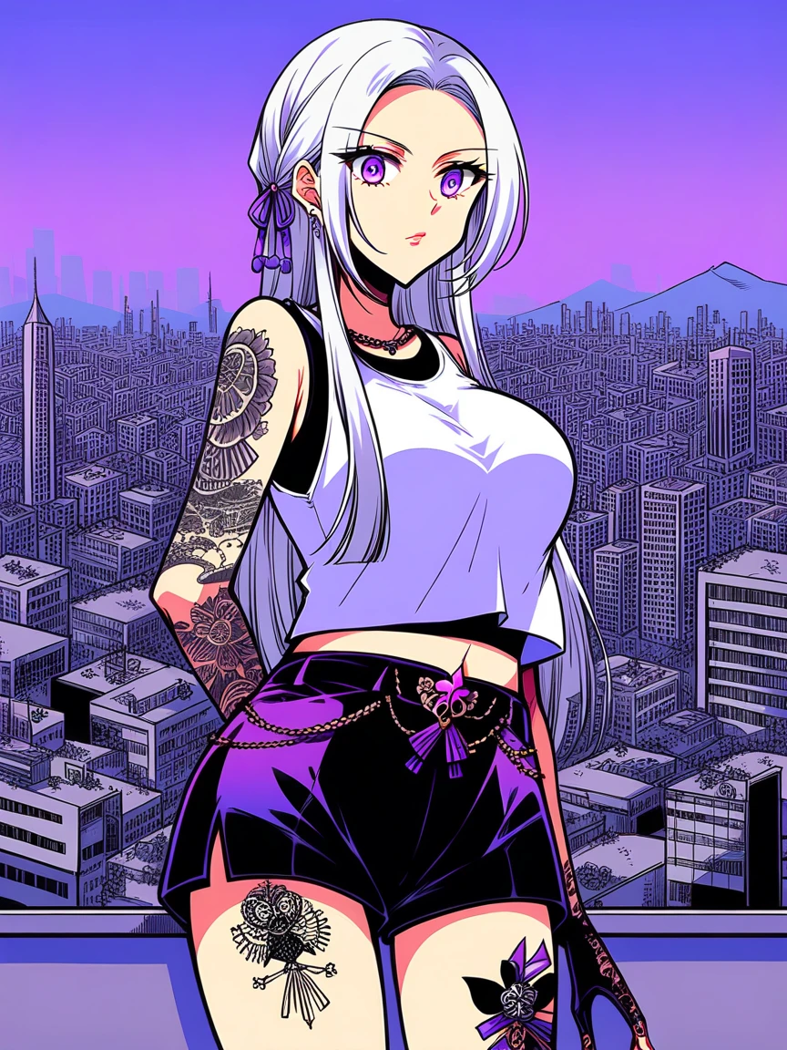 score_9, score_8_up, score_7_up, score_6_up, score_5_up,  t4ts, tattoos, tattoo, 1girl, Edelgard von hresvelg, white hair, tank top, booty shorts, high heels, purple eyes, standing, city background, crop top, large breasts