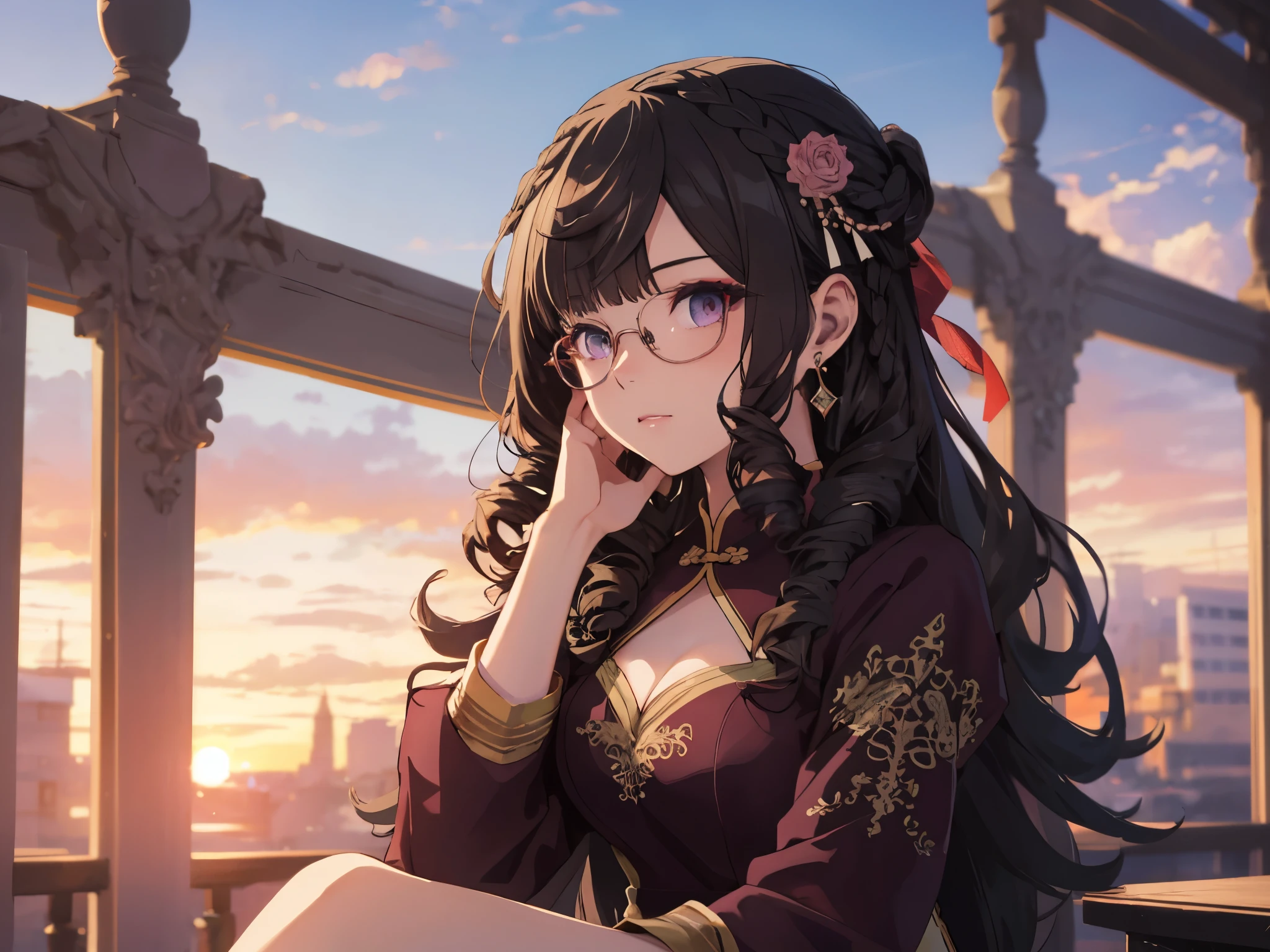 Solo, 1 girl, (human ear), (earring, glasses), (long hair), (hair accessory), (woman sitting on ground with hand on chin), (anime face, makeup), (Chinese dress), (sunset sky, sunset, evening sky), (focus on chest), (high resolution, masterpiece, accurate, anatomically correct, multiple awards, top quality, detailed, high quality model, high quality, quality, retina, highly detailed, textured skin, ultra high resolution).