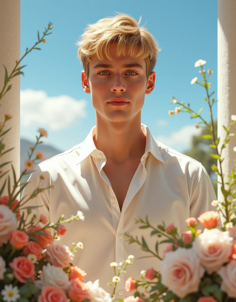 30yo bodybuilder man, gay, in a flower garden in spring, boyish face, big plump enhanced lips, spiky platinum blond hair, wearing pink linen shirt and shorts, very big biceps, no tattoos, no body hair, perfect bright white teeth, smiling flirtatiously for the camera, showing off his muscular body