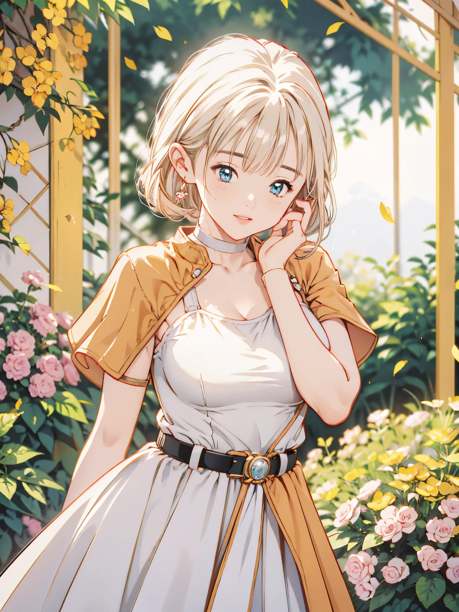 the above,  face focus, DQ Bianca, ( single blade ,  earrings,  choker,  orange cape, Green Dress, belt), ( Hand on face :1.5), (Wiping off sweat:1.5), (sweat), Embarrassed, smile,  happy , Depth, Depth of field,   Masterpiece ,  High Quality , 最 High Quality , beautiful,  high definition ,   perfect lighting  ,  detailed face , detailed body,   Masterpiece , 最 High Quality ,  complex details, 8k u high definition ,  perfect face,  perfect eyes、bouquet、(( Big Breasts ))、 slime 、((marriage指輪 ))、The Bride in the Sky、marriage、Castle、Snow Country、