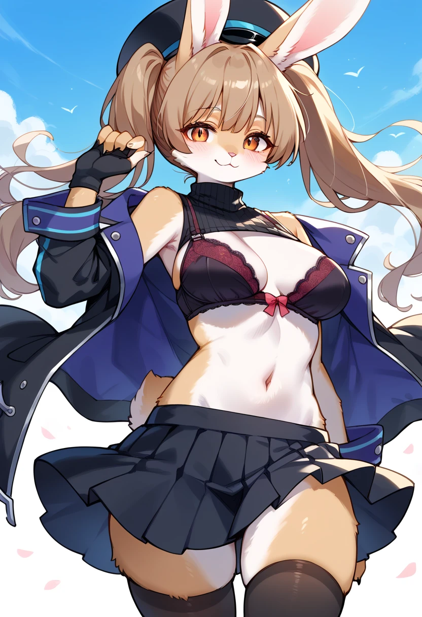 (small breasts:1.2), (perky chest:1.2), (pointed chest:1.2), (Pudding cake magazine cover:1.3),(from above:1.0),(shoot from the side:1.1),masterpiece, 1girl, Amazing Cleavage:1.1, thin waist, optimum,tmasterpiece,hight resolution,best qualtiy,hyper HD,super detailing,awardwinning,a 18yo cute girl,(The upper part of the body),anatomy correct,Beautiful Black miniskirt,garters,Gaze,Small face,bangss,holster,Beautuful Women,hands up,leg holster,Gaze,black boots,Cowboy Shot,cute face,a blond,Longhaire,Twin-tailed,Braids, Hairline,(scarlet eyes),long eyelasher,Hanging eye corners,White skin of the, ((see through camisole:1.1)), ((Sheer nipples:1.0)),Rocket Tits,(Slim body),smile,seductive weak smiling,(with sparkling eyes and a contagious smile),little open mouth, Looking at Viewer,