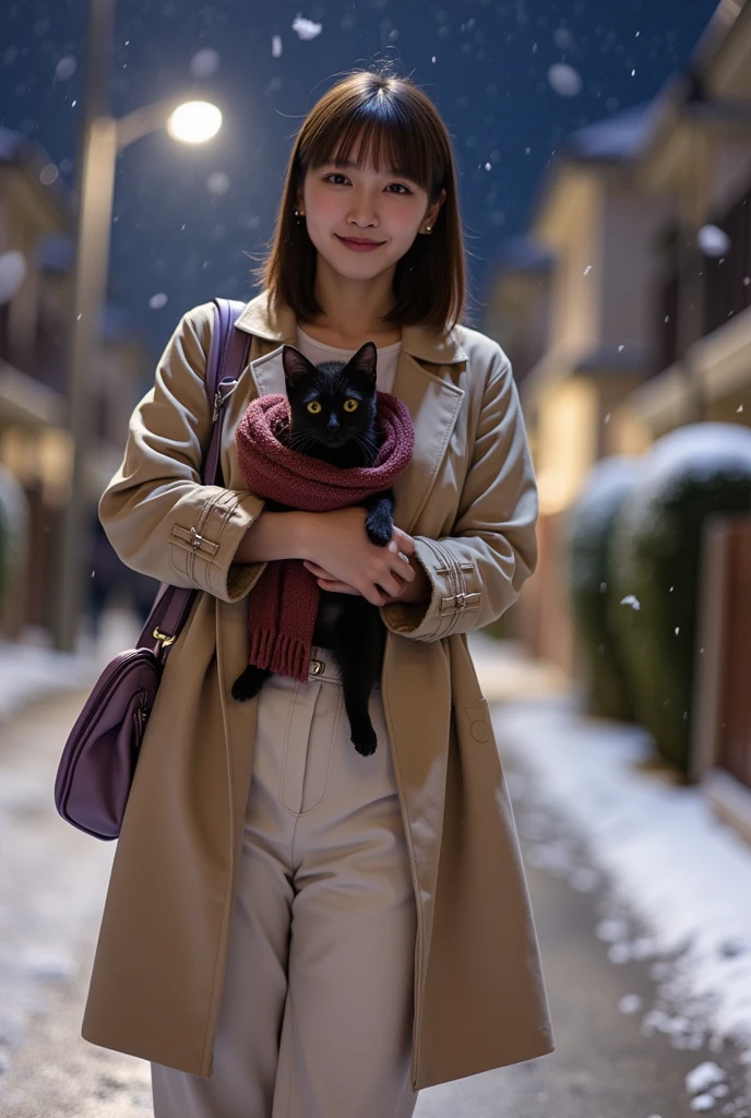 ultra-realistic, photorealistic, dramatic scene, shadow, global-illumination, solo, (20 years old Japanese girl with 1 kitten:1.5), very beautiful with very cute but boyish cool face, (very large breasts), slim waist, (wearing an office worker's outfit with ivory pants and beige trench coat:1.2), black elegant short boots, wearing her light brown hair down, she is not wearing any scarfs, She carries a light purple tote bag on her shoulder, (large breasts), snowy night, Snow is falling steadily, She is walking down a residential street to her apartment, holding a small black kitten, the small black kitten's body is fully wrapped with reddish-brown scarf to keep warm, a light dusting of snow on the kitten, the kitten is looking at her and purring, (she is showing a gentle smile), professional light