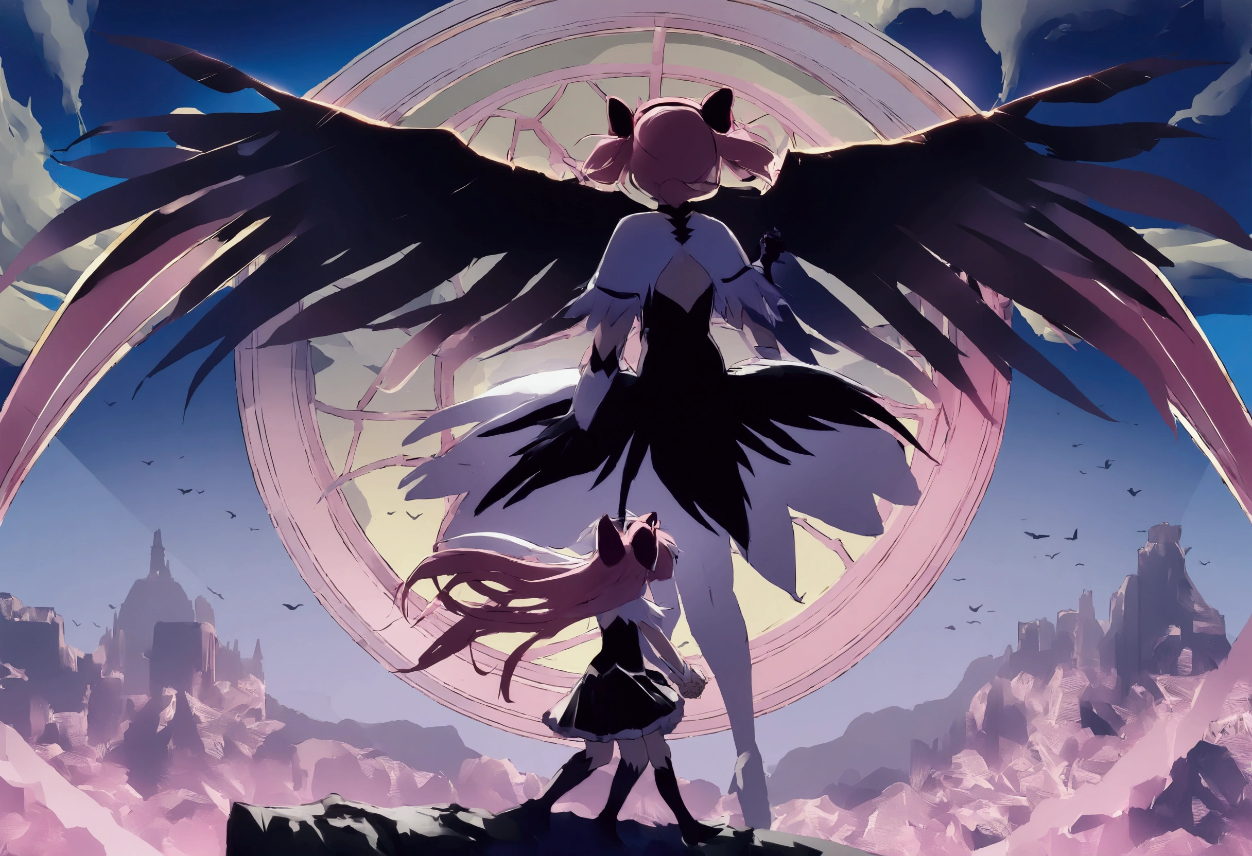 (2girls:1.5),(Akemi_Homura\(魔法少女Madoka☆マギカ\) Tokaname_Madoka\(魔法少女Madoka☆マギカ\)  holding hands:1.3), chaotic gothic shadow painting colorful, geometric, chaotic background of a castle,(A Very Psychedelic Nightmare ), large watch motif in the center of the background,  break ,quality\(8k, wallpaper, ​masterpiece, high definition ,top-quality,top-quality real texture skin, surrealistic,  will increase resolution, RAW photo,最高のquality, high definition,wallpaper, Cinematic Lights , ray trace,Golden Ratio\),(Long Hit), Wide Shot ,landscape, blurry background
