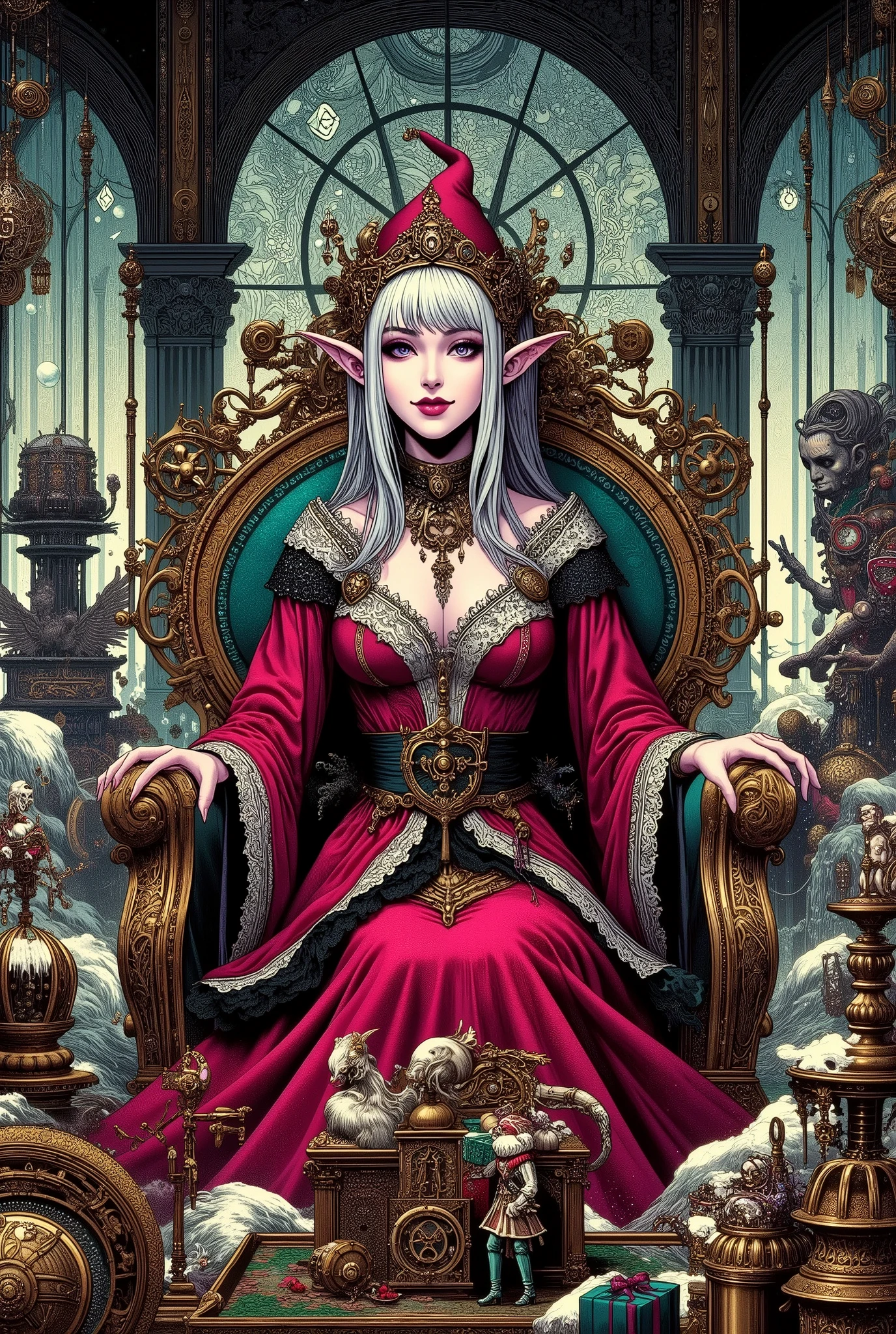 (Ultra-detailed face, Looking away, Fantasy Illustration with Gothic, Dark tone colors. Perspective looking up at the queen's throne.), BREAK 
(Christmas Eve night. In the Queen's Room of a huge gothic castle made of gears, pipes and glass. Next to a throne on a dais, a dark elf queen in a Santa Claus-style red dress smiles coldly and reaches out to hand you a box of Christmas presents with a large ribbon. Elves fluttering on tiny wings flit about among the queen, sprinkling light dust, and attendants and maids of honor dressed in medieval European-style costumes stand in line by the wall.), BREAK 
(A young dark elf queen with white hair, white eyebrows, blunt bangs, waist-length long messy hair, lavender glowing eyes, small pink lips, dark purple skin, and thick eyeliner.), BREAK 
(The dark elf queen wears a Santa Claus hat with gears, a Santa Claus-style dress of crimson transparent fabric with gold trim and silver lace ruffles over a gears, pipes, and glass body, a wide jet-black sash with gold trim around her waist, and an archaic dagger at her hip. High, braided ribbons like flames. She wears heels.), BREAK 
(The building and all the furniture in the room are made of gears and pipes and glass machines and magical contraptions. A view of the audience chamber of the queen of the elemental chaos world.)